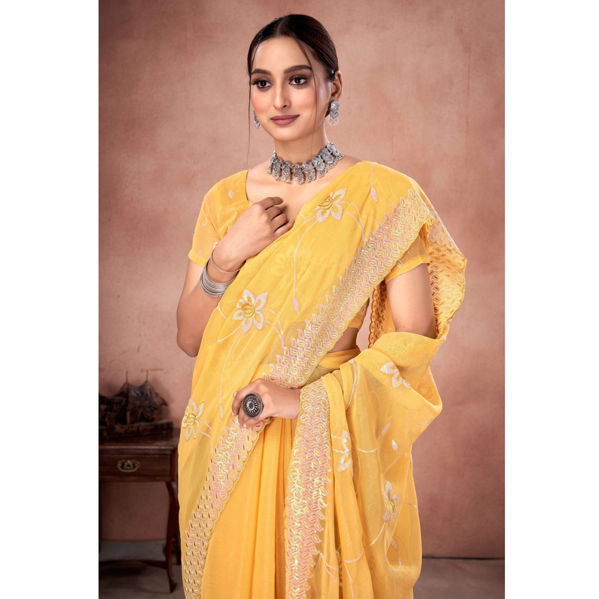 Yellow Floral Sequins Embroidered Chiffon Saree