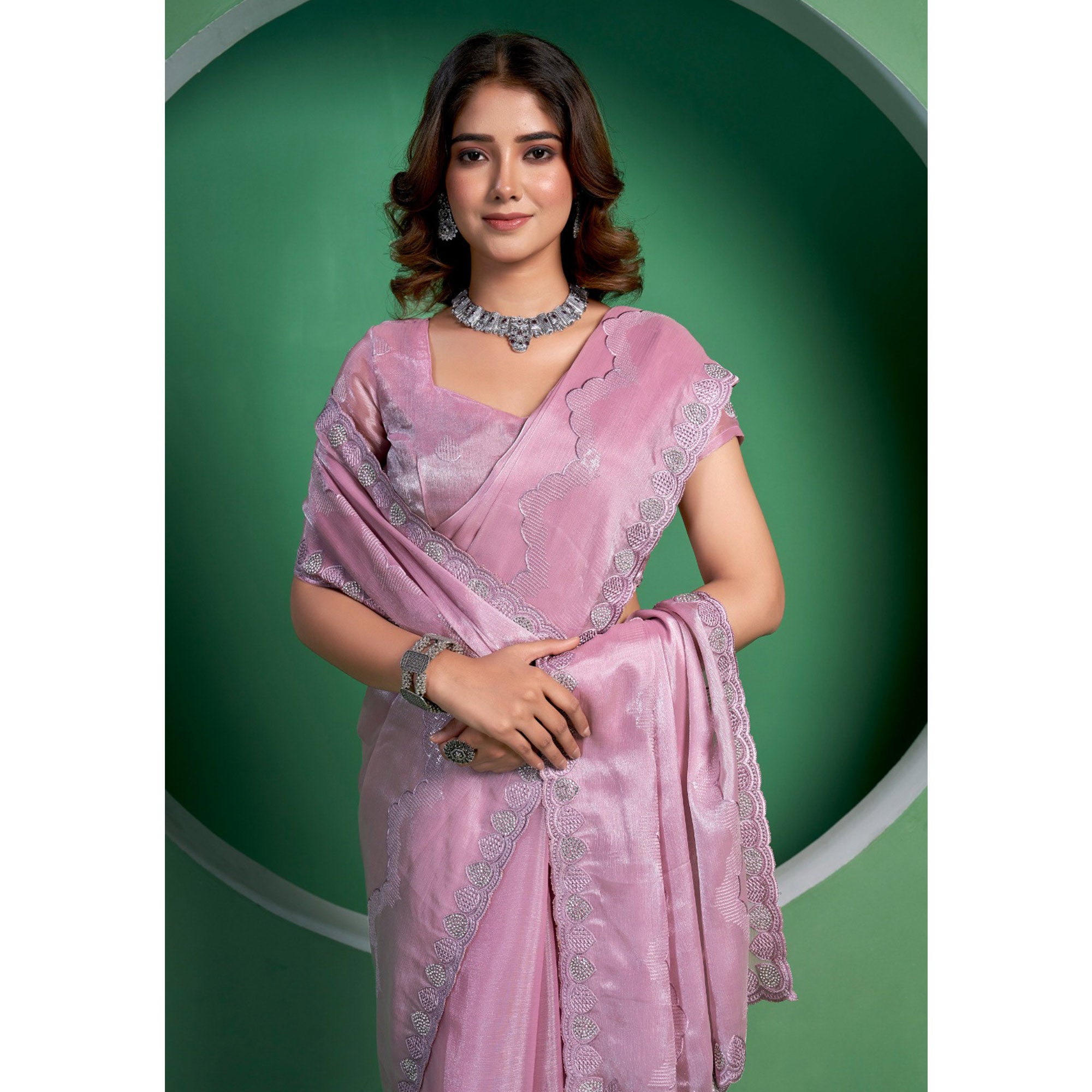 Pink Sequins Embroidered Chiffon Saree With Diamond Border