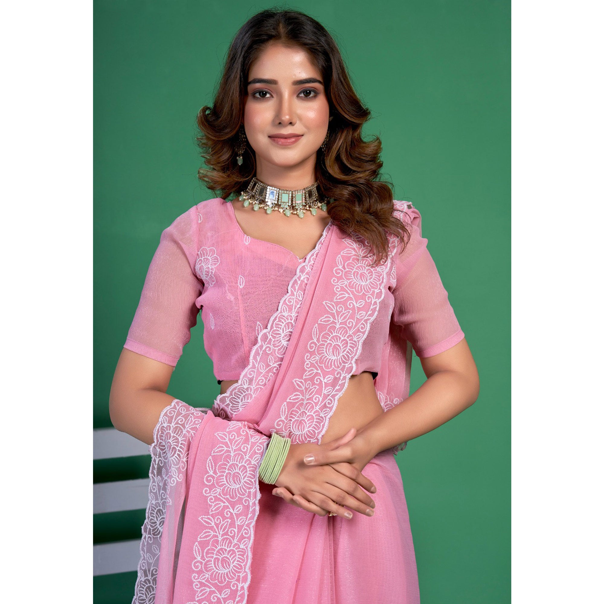Pink Chiffon Saree With Embroidered Border