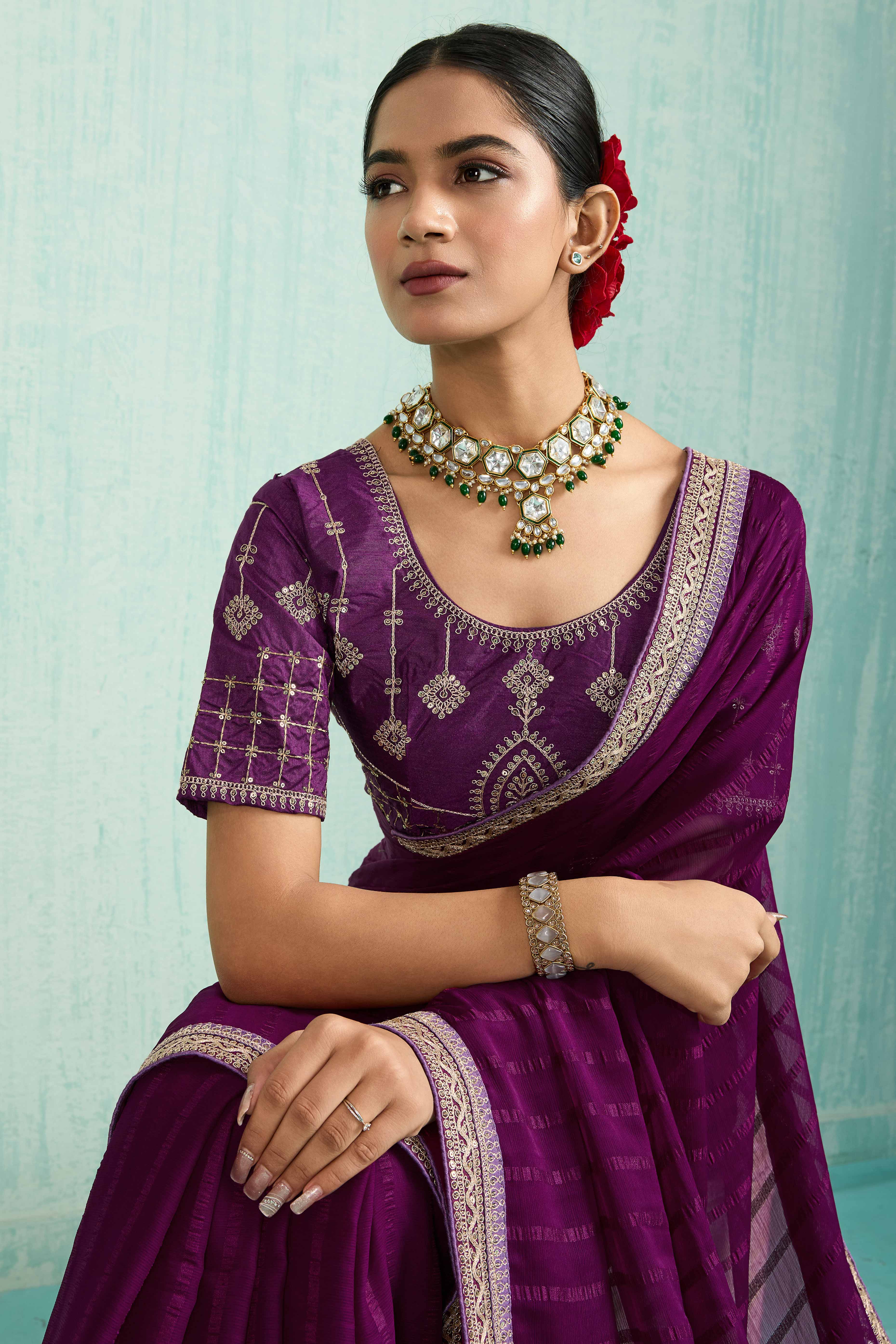 Purple Chiffon Saree With Elegant Stripes & Sequins Embroidered Border