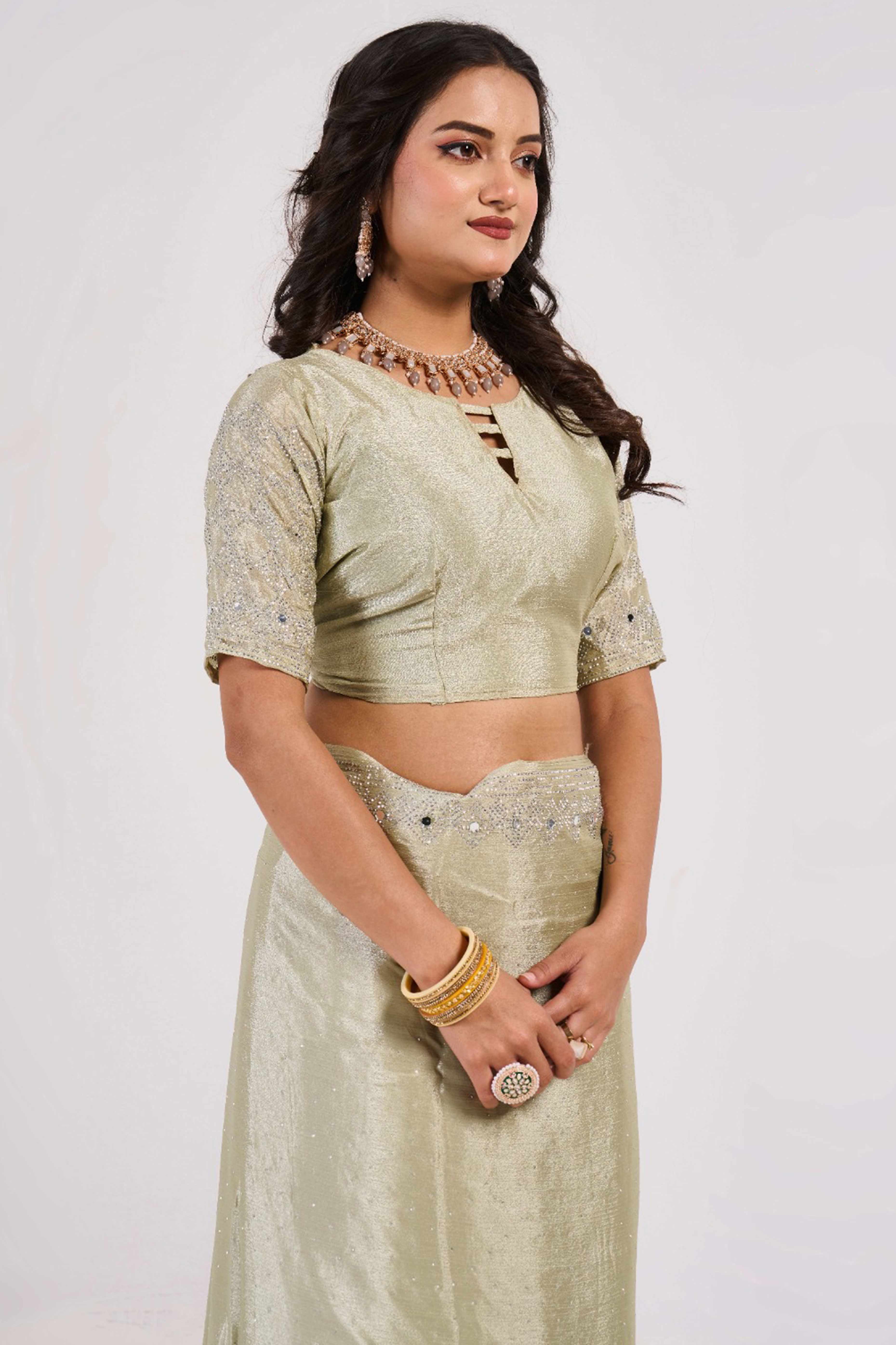 Pista Green Swarovski With Mirror Work Chinon Saree