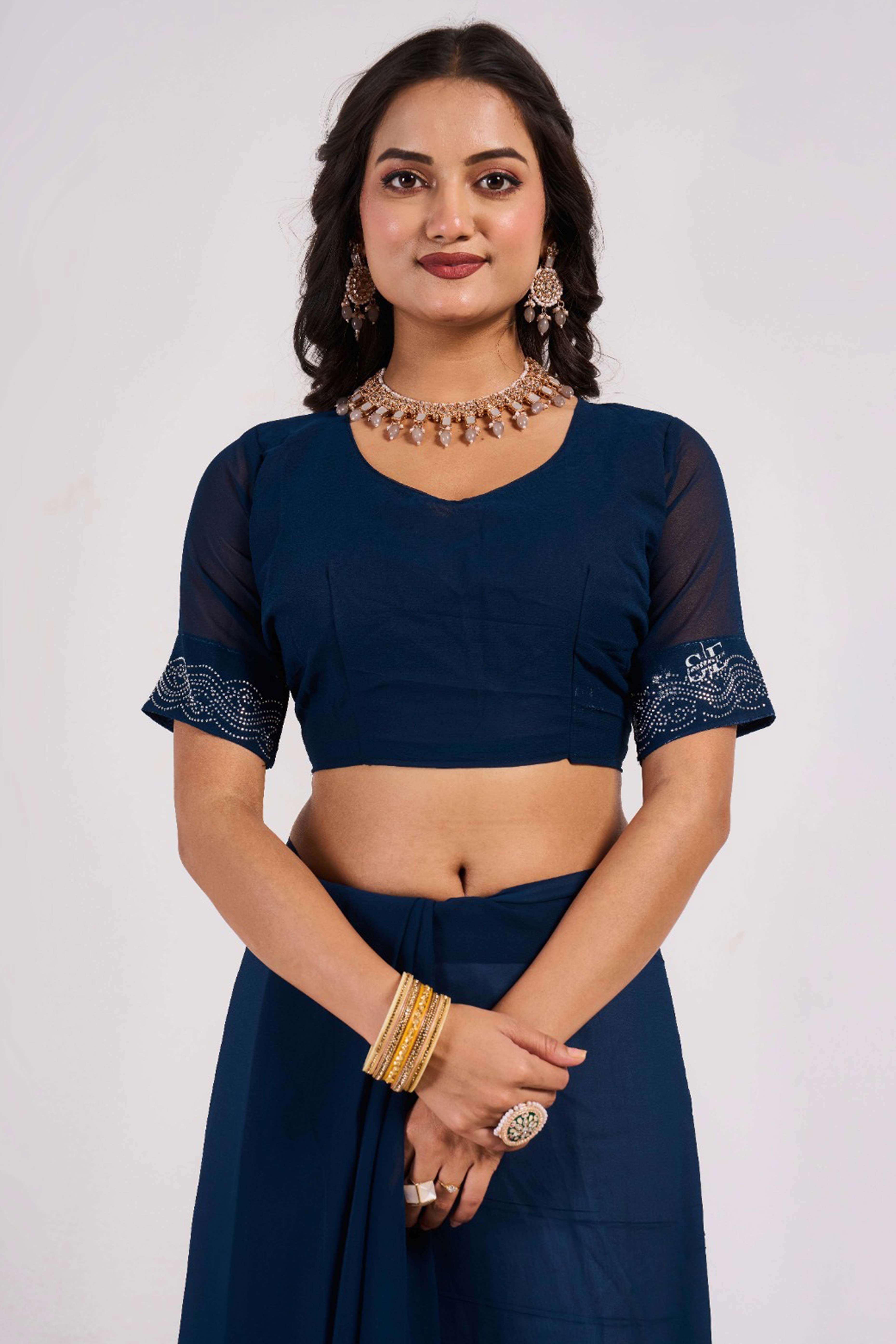 Blue Swarovski Work Georgette Saree