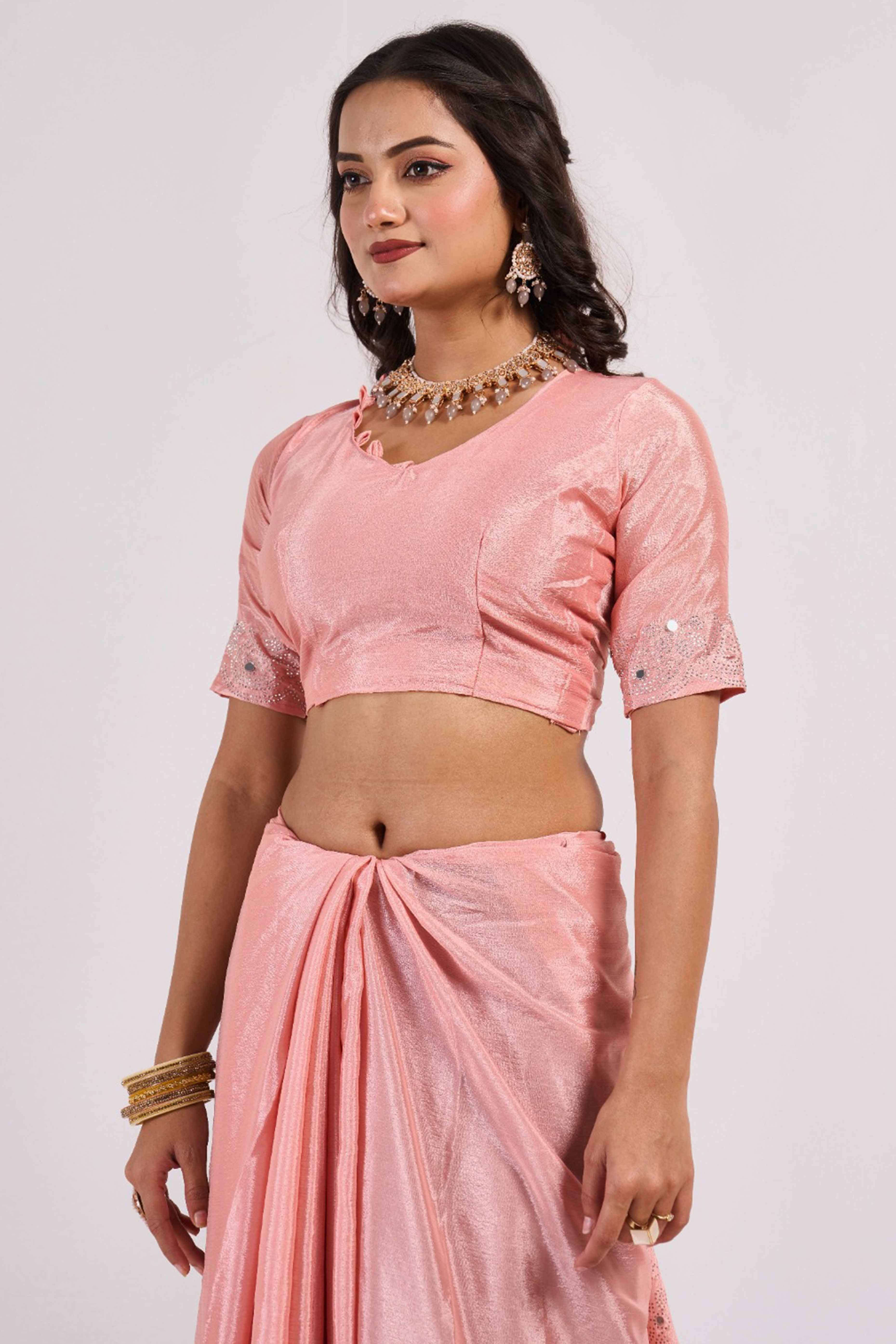 Peach Swarovski With Mirror Work Chinon Saree