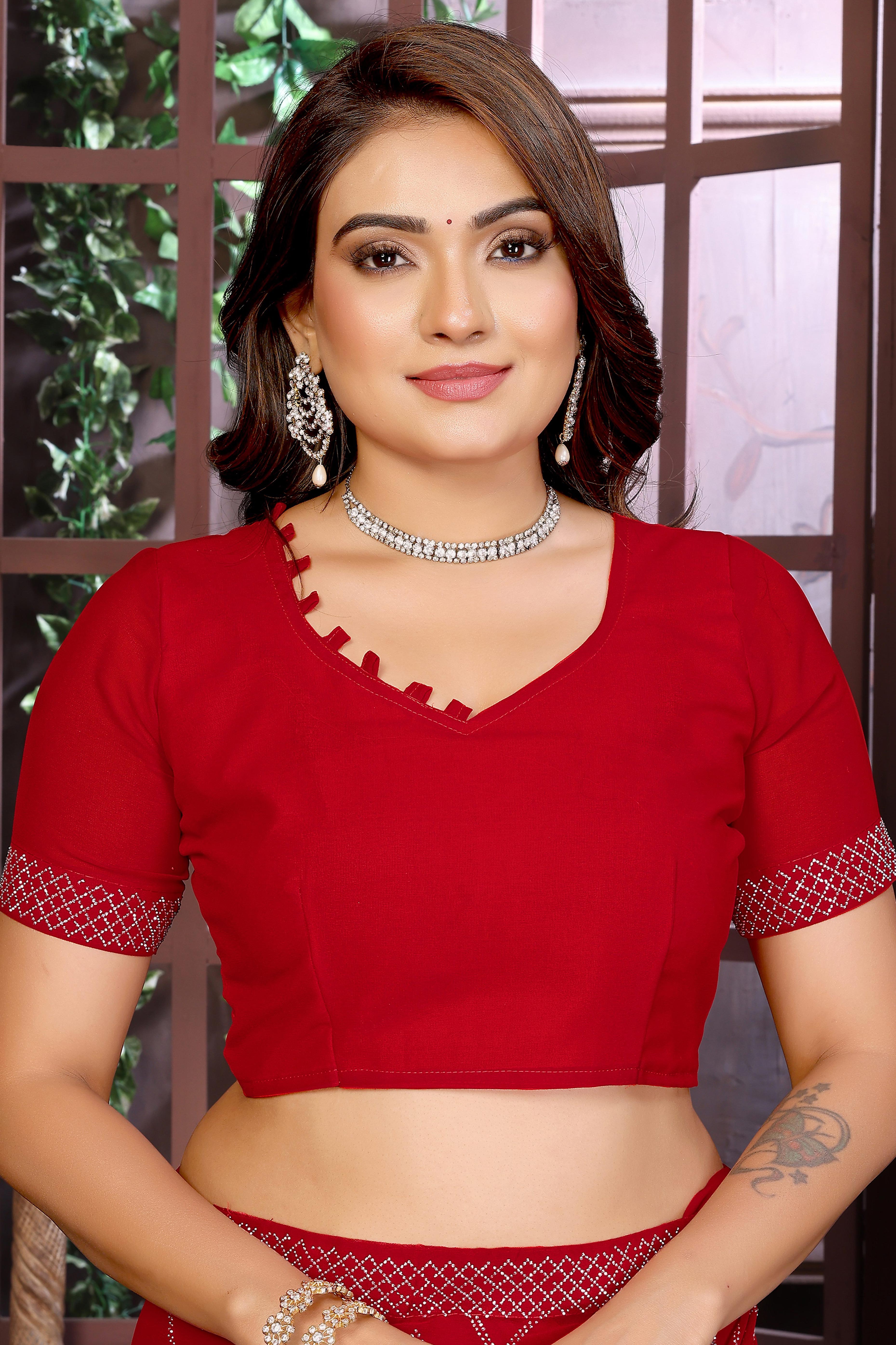 Glamorous Red Zig Zag Design Swarovski Crystal Work Georgette Saree