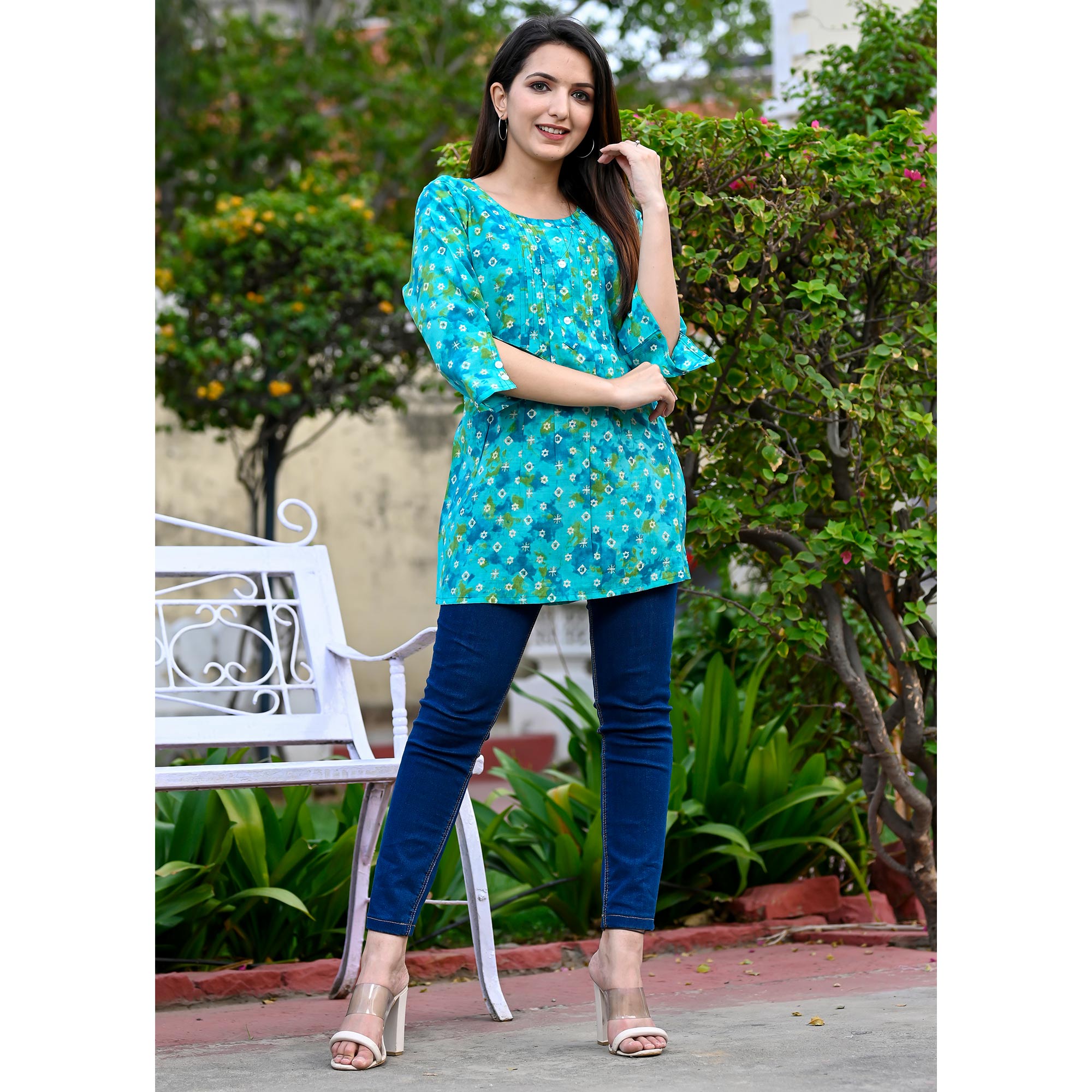 Turquoise Printed Chanderi Top