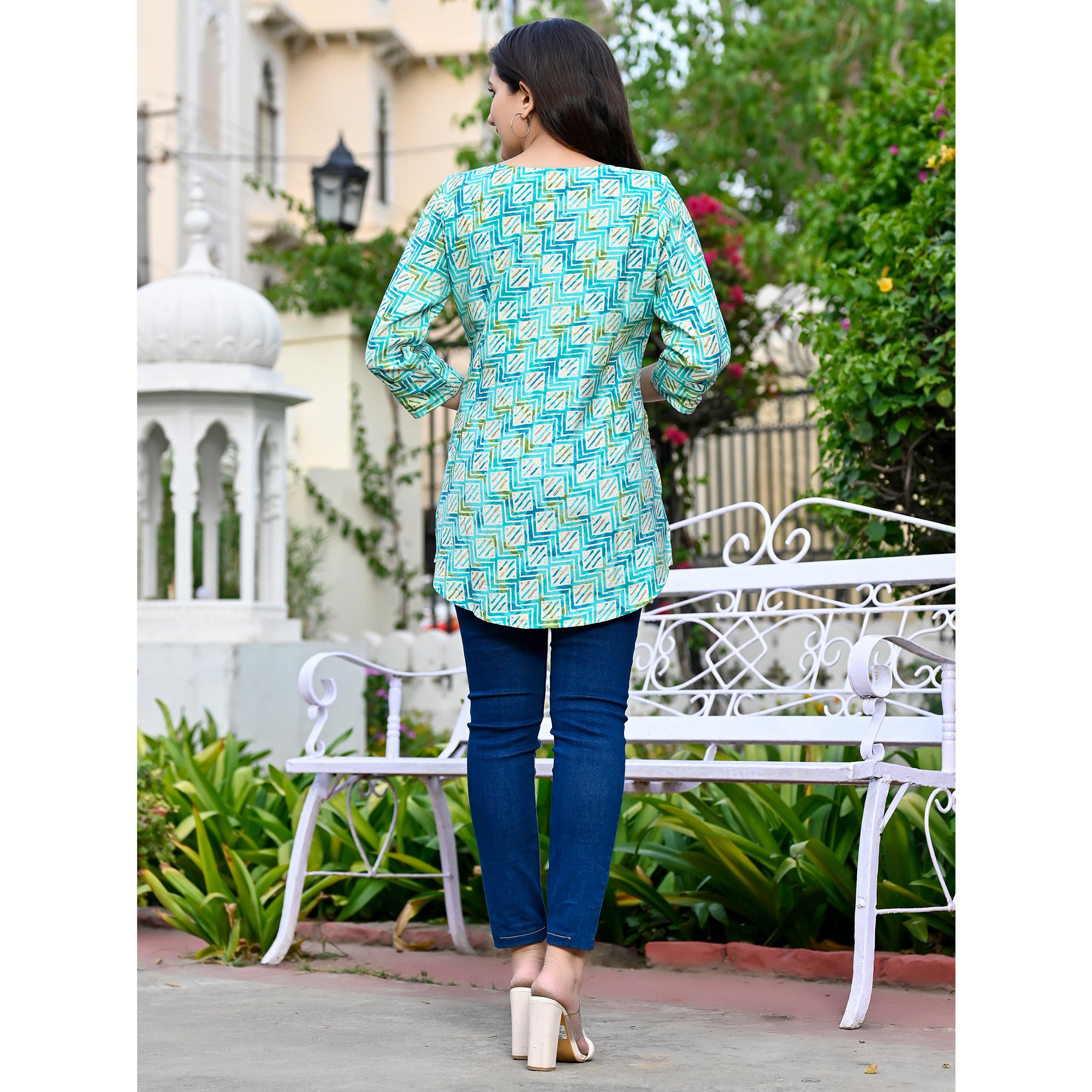 Aqua Blue Printed Chanderi Top