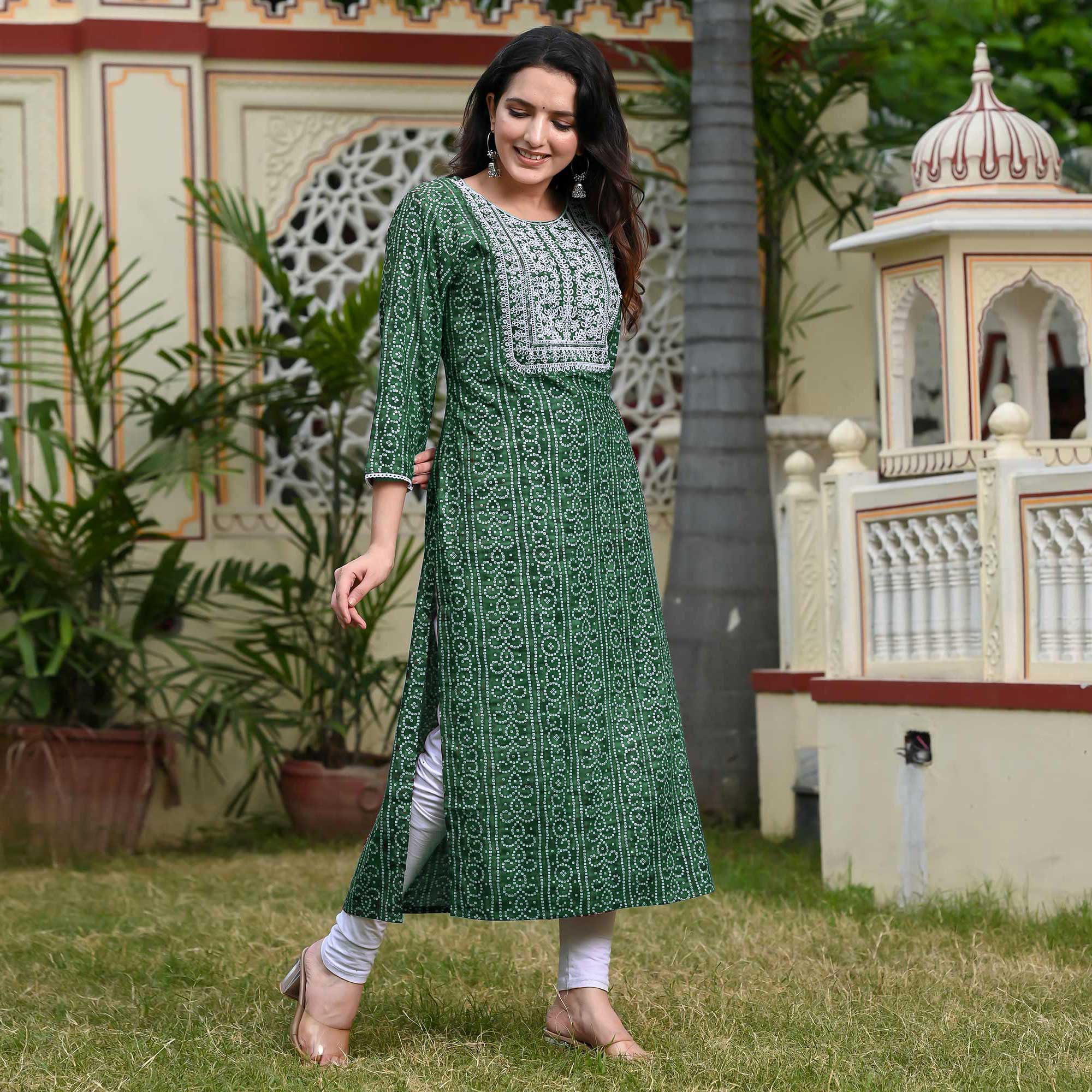 Green Foil Bandhani Printed With Embroidered Rayon Kurti