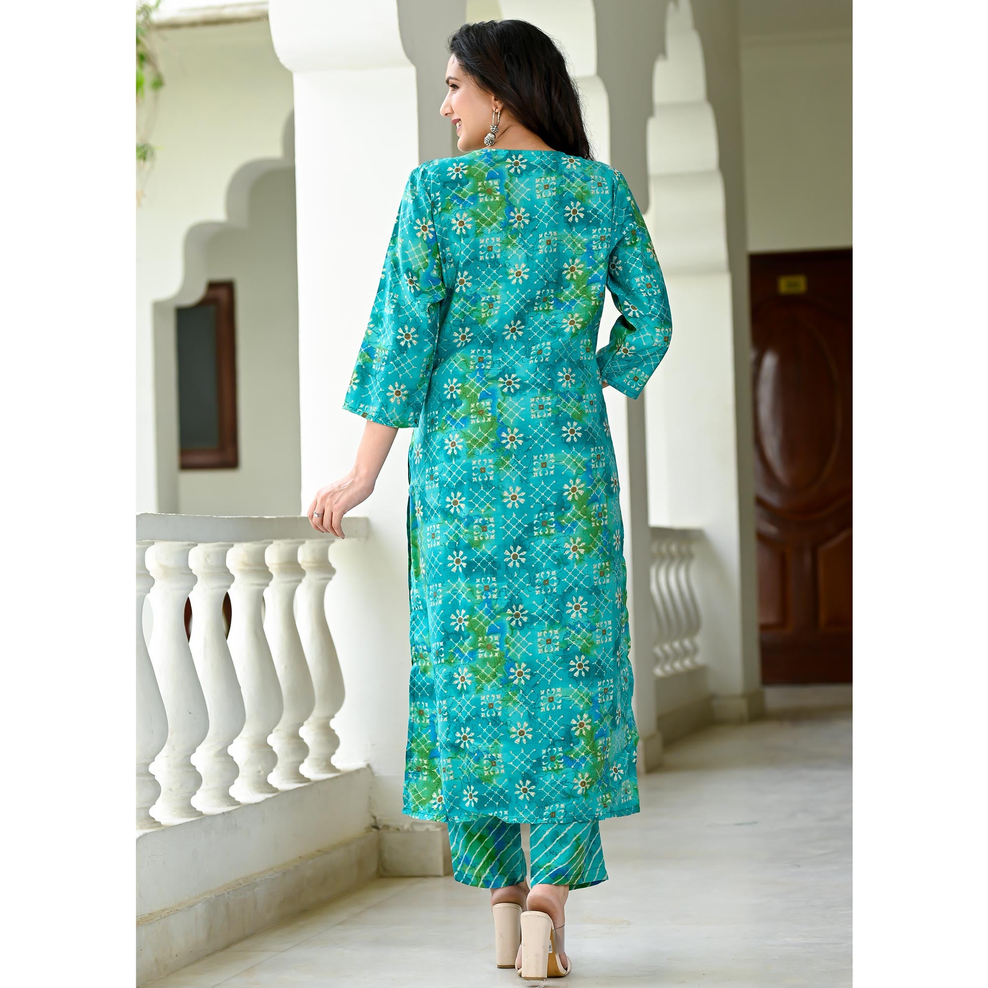 Turquoise Floral Printed Chanderi Suit