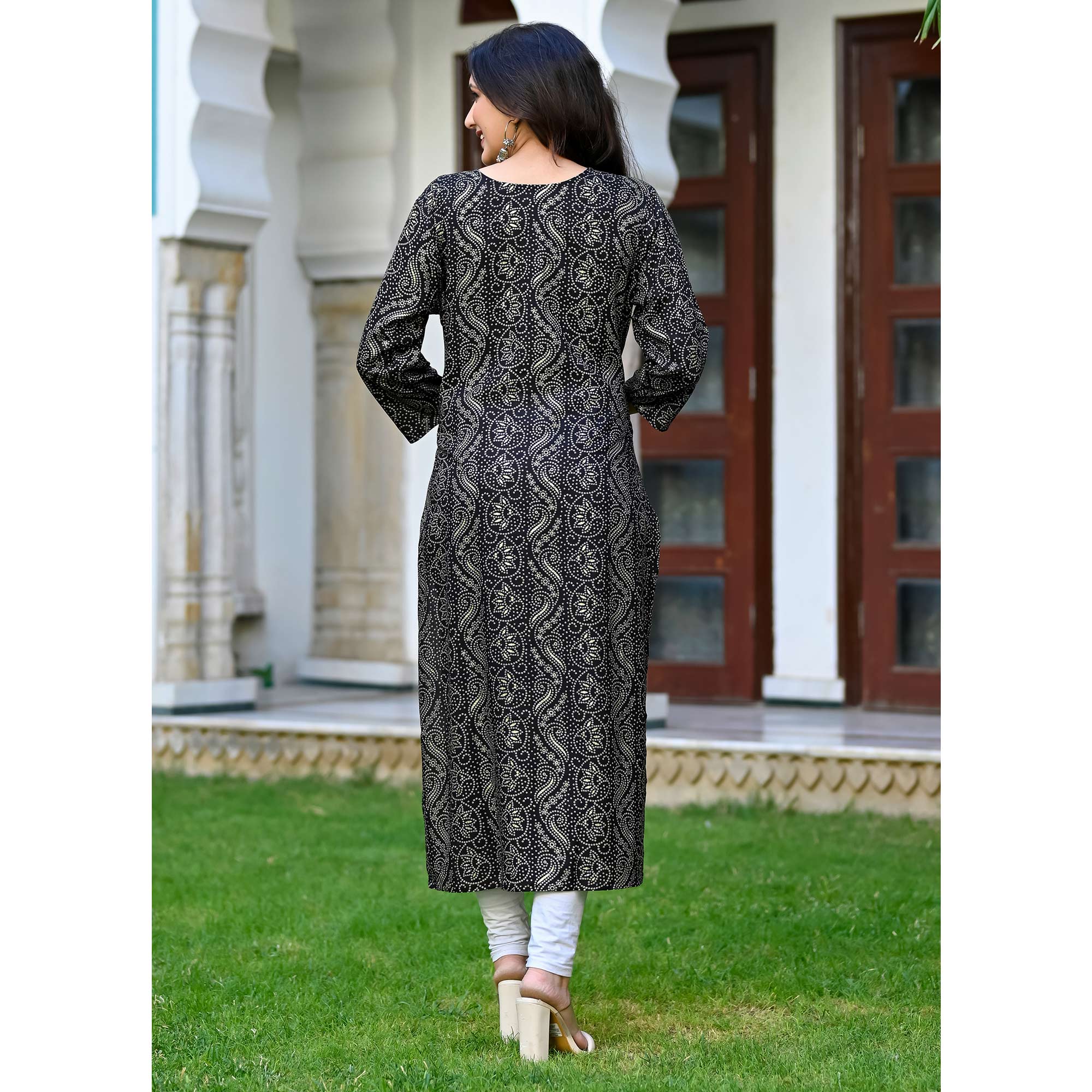 Black Floral Foil Printed Rayon Kurti