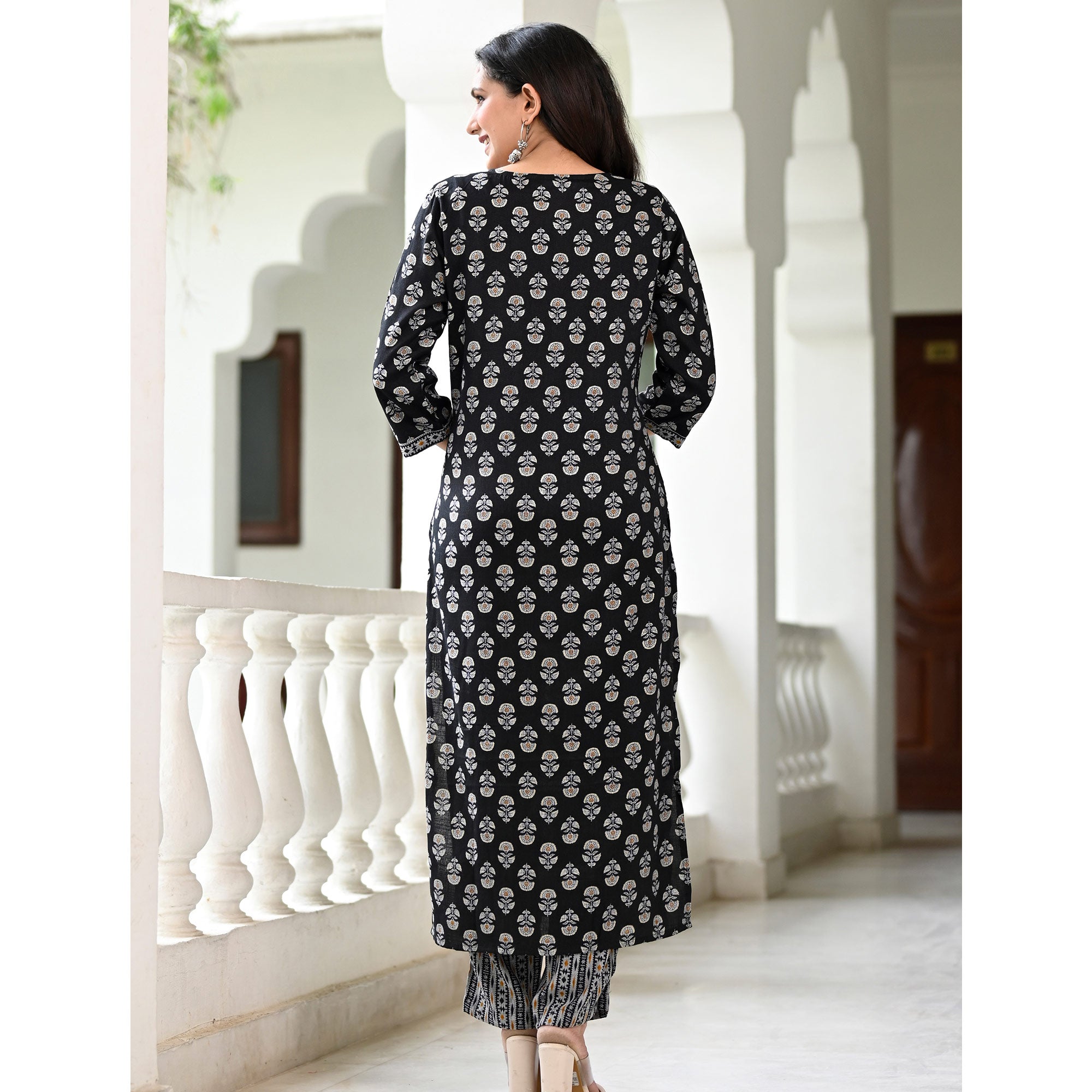 Black Floral Printed Rayon Kurti Pant Set