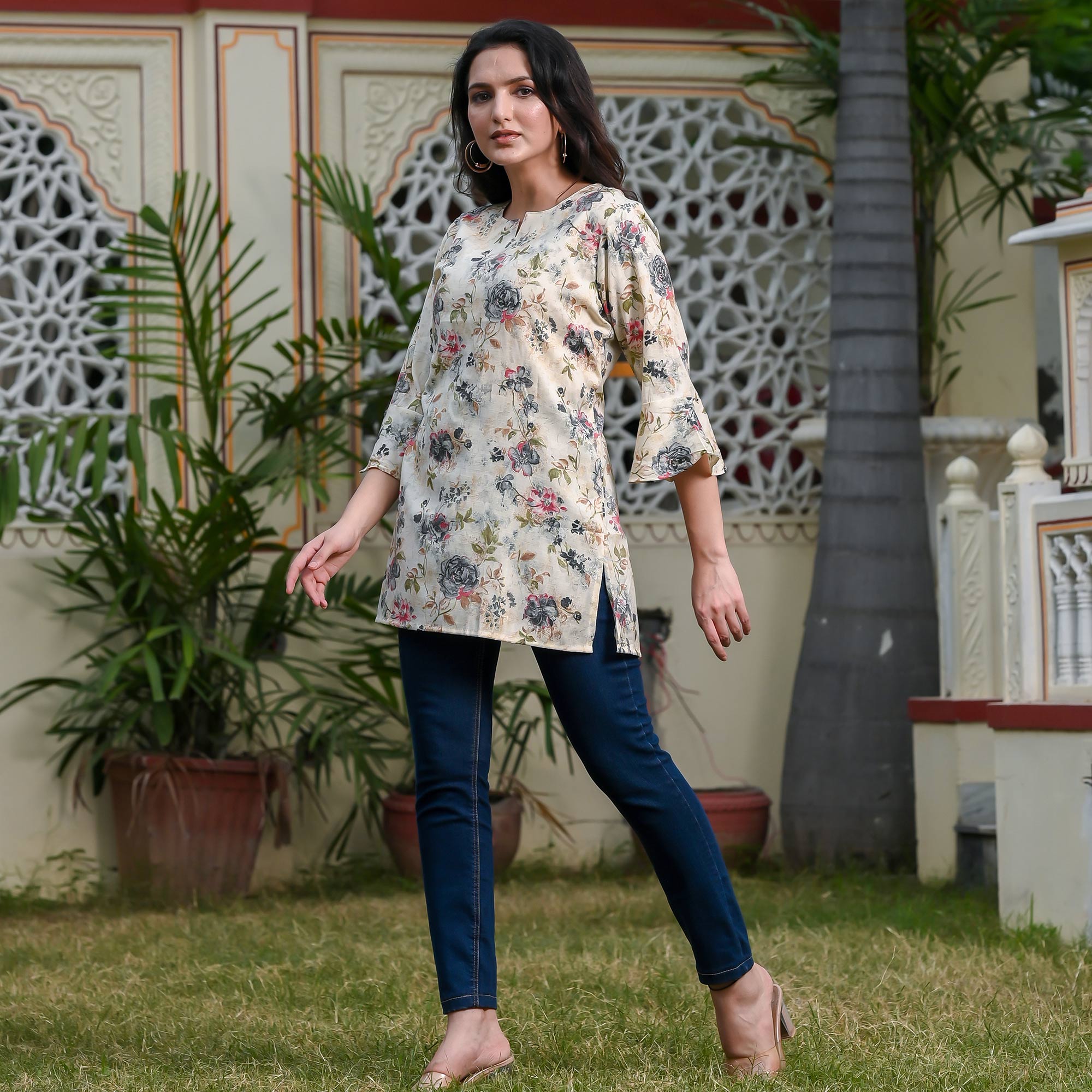 White & Grey Floral Printed Rayon Top