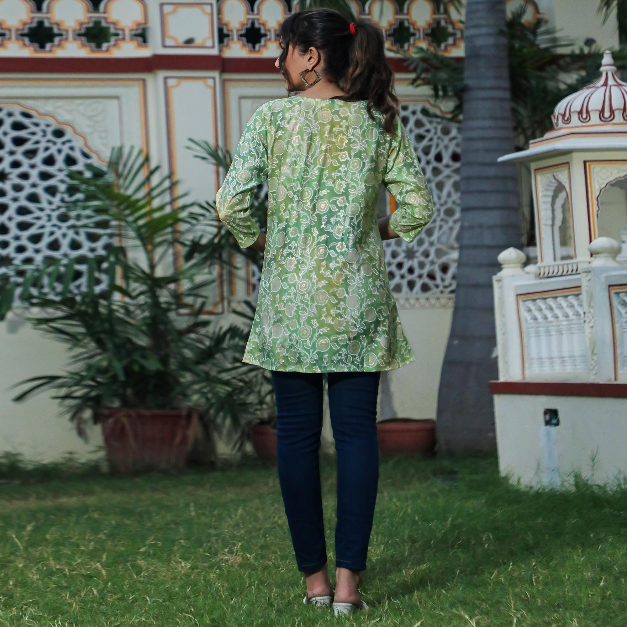 Green Floral Foil Printed Modal Top