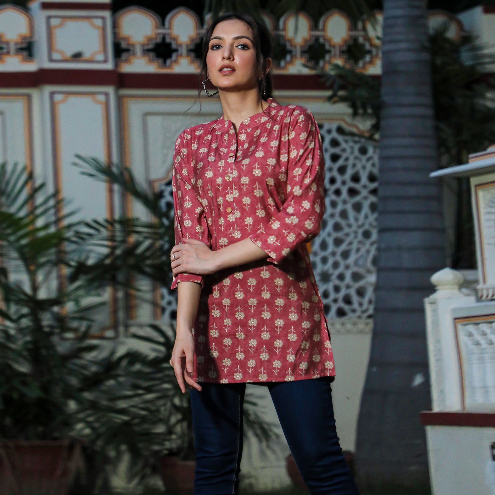 Pink Floral Foil Printed Chanderi Top
