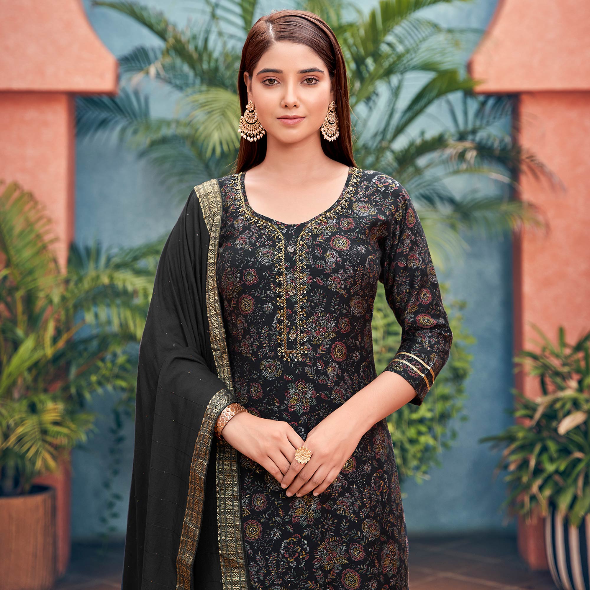 Black Straight Chanderi Silk Suit With Handcrafted & Foil Print