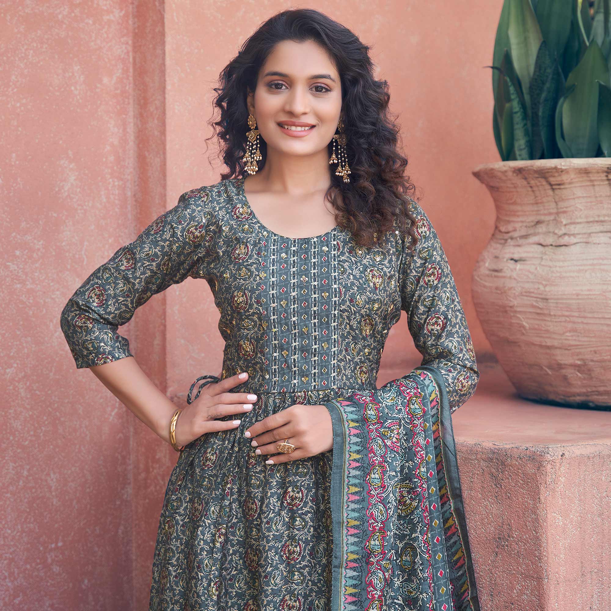 Grey Naira Cut Chanderi Silk Suit With Handcrafted