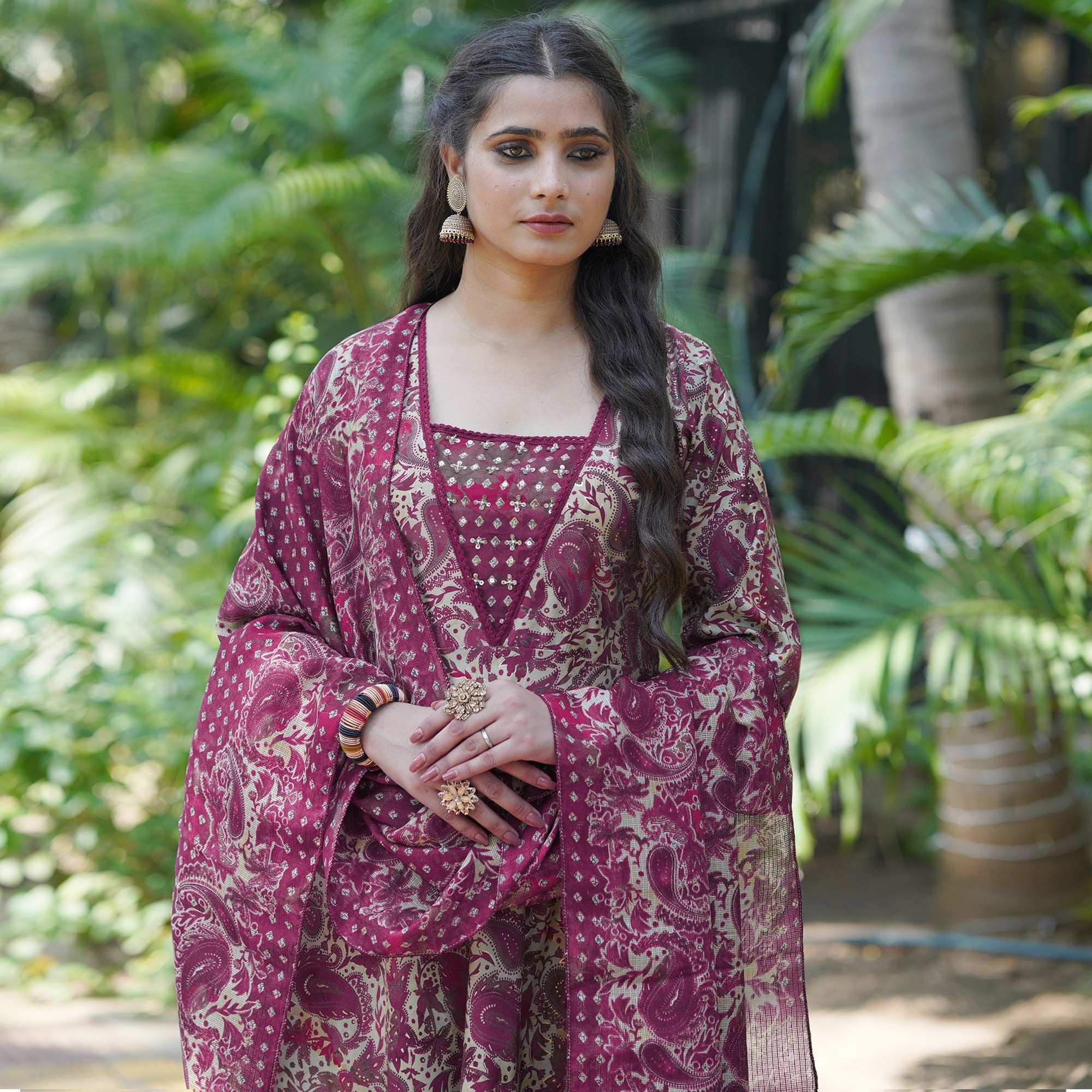 Wine Anarkali Chanderi Silk Suit With Hancrafted & Foil Print