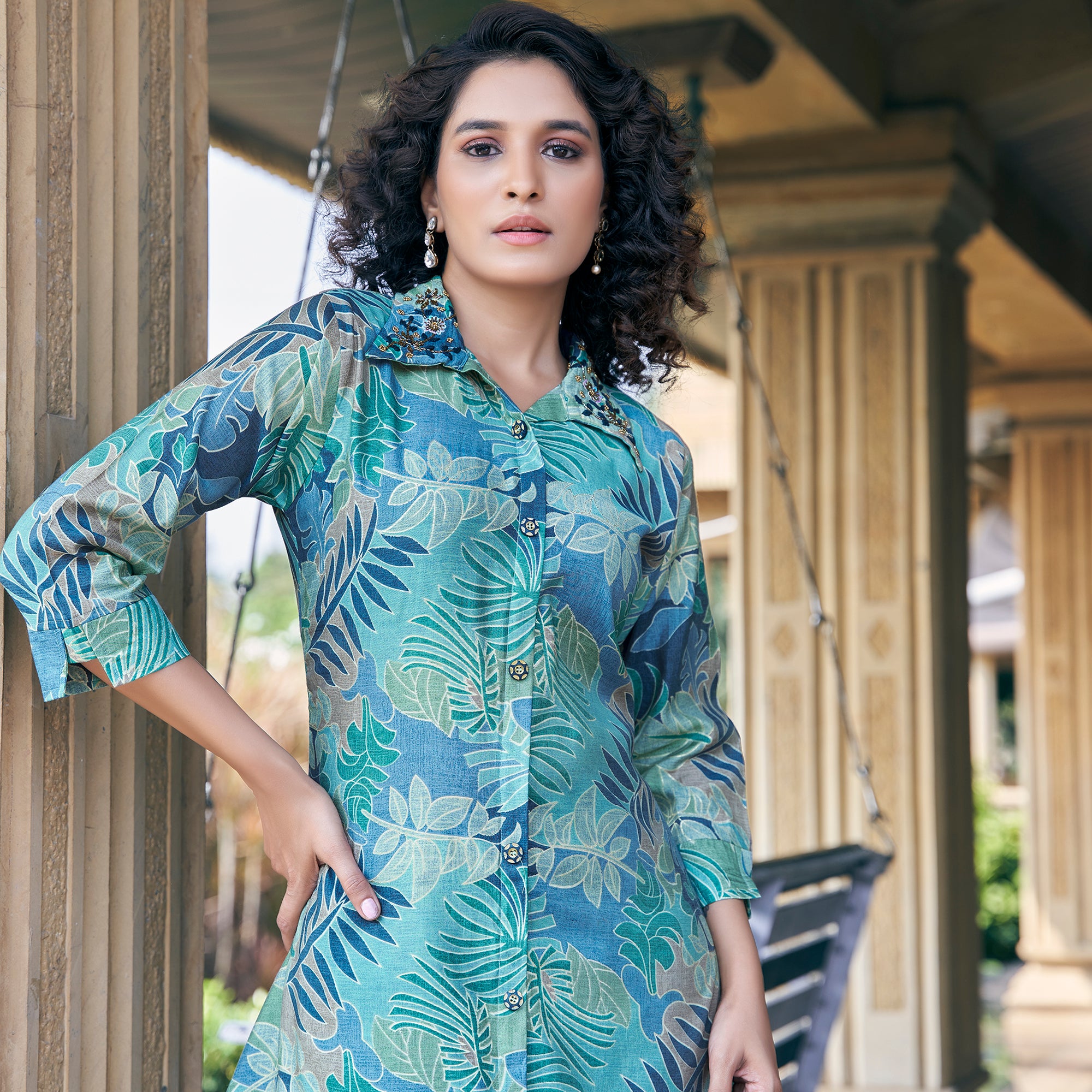 Green Foil Printed Chanderi Silk Co Ord Set