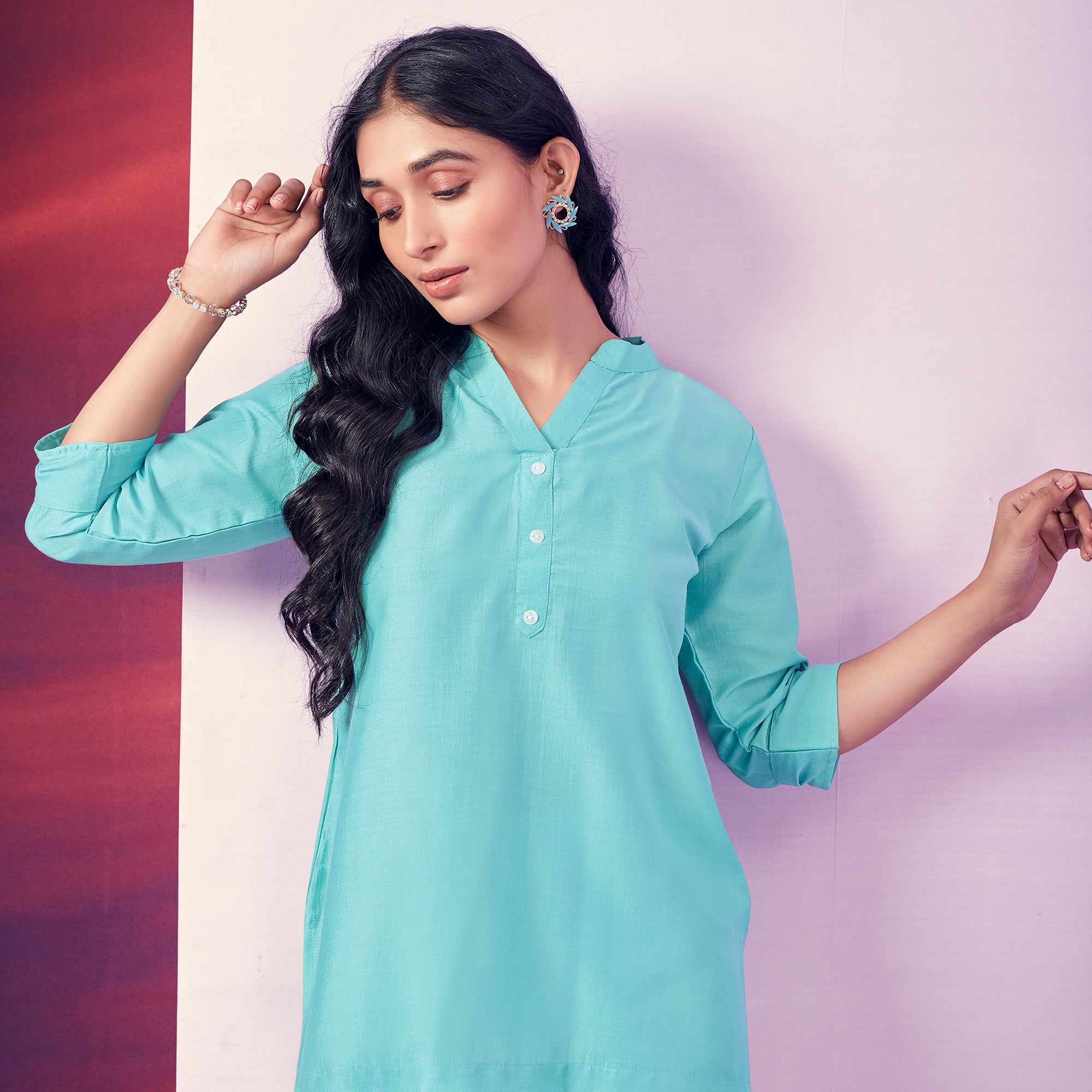 Blue Solid Cotton Blend Top