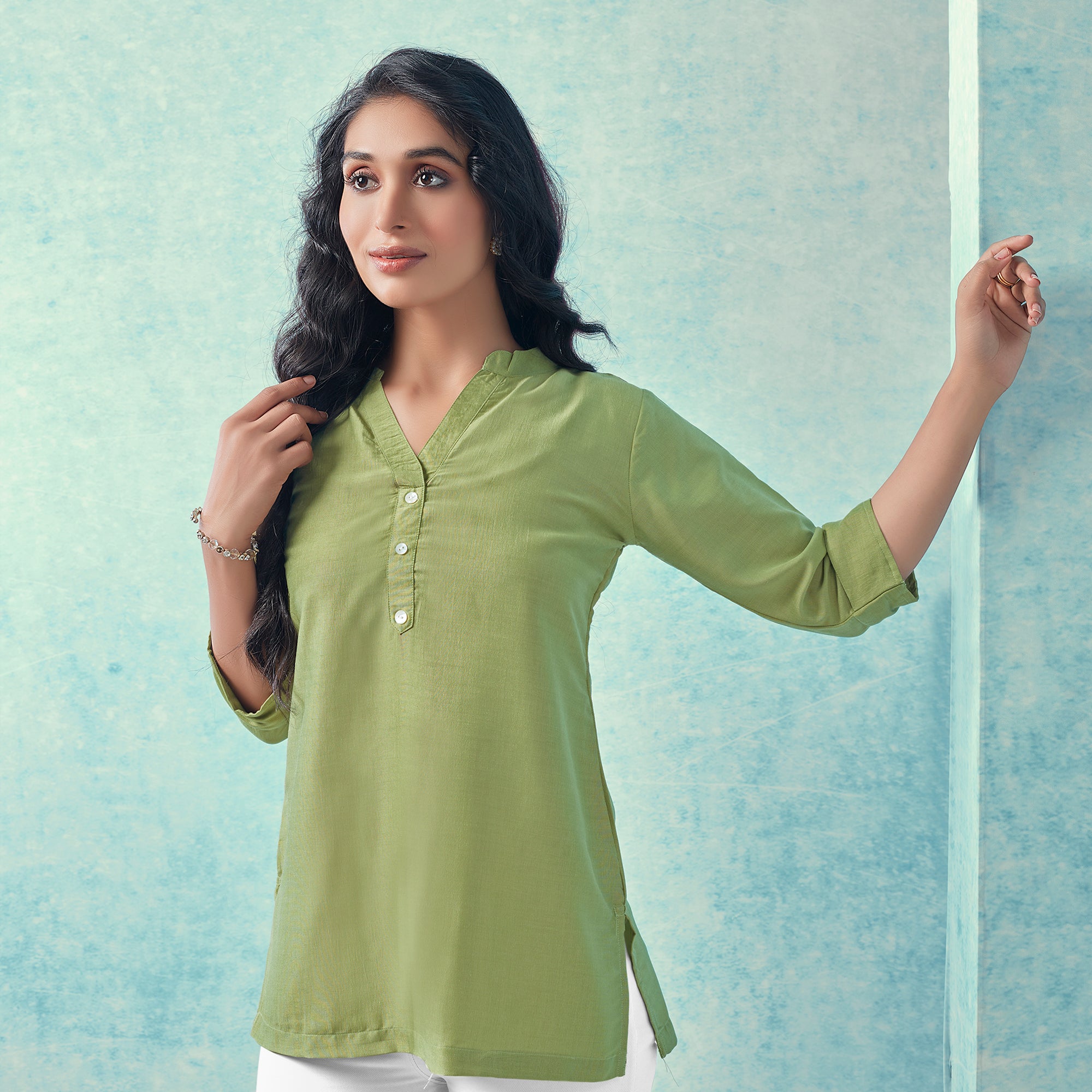 Green Solid Cotton Blend Top