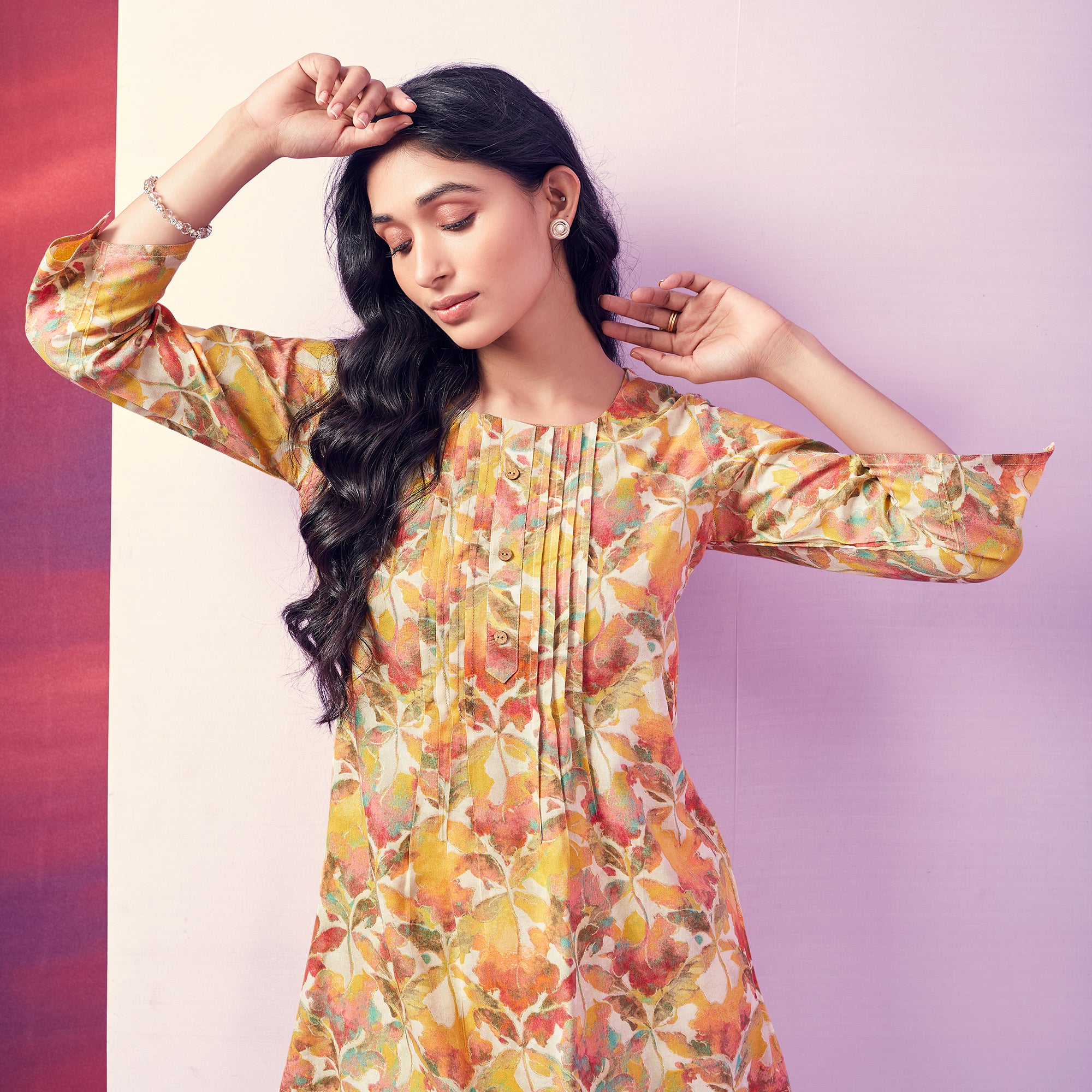 Yellow Floral Foil Printed Rayon Top