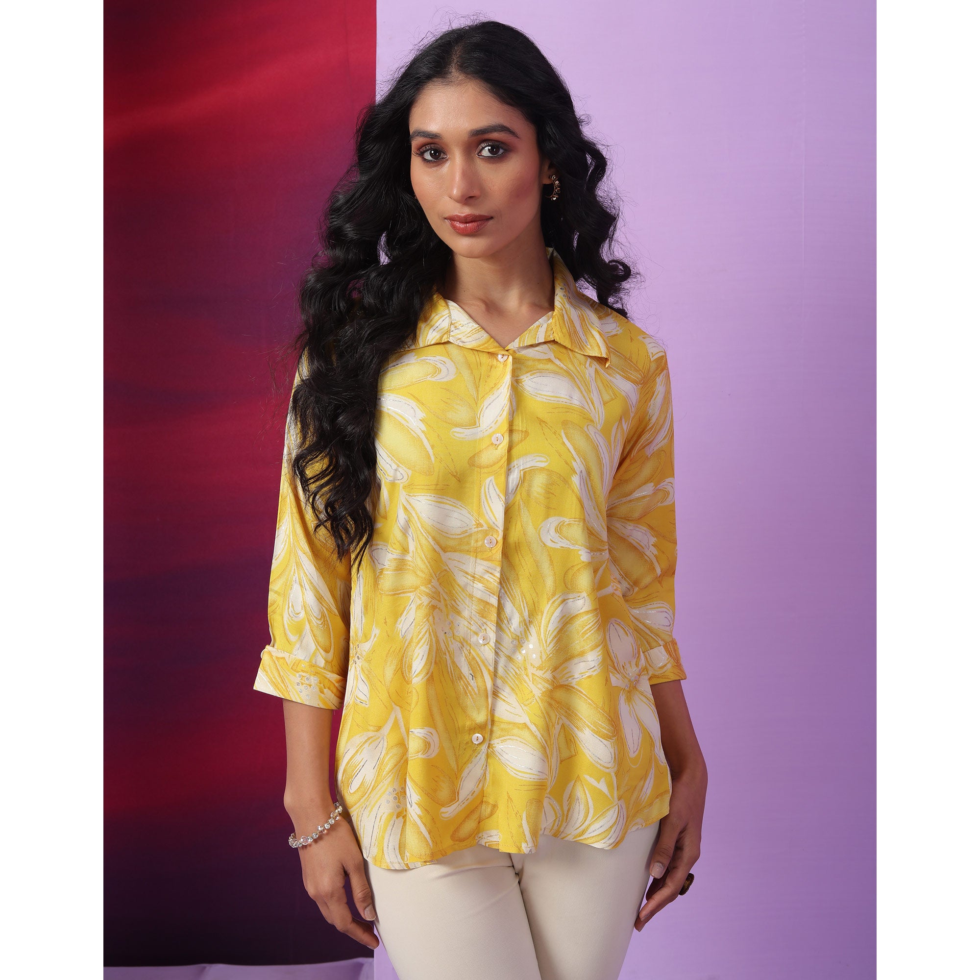 Yellow & White Floral Foil Printed Muslin Top