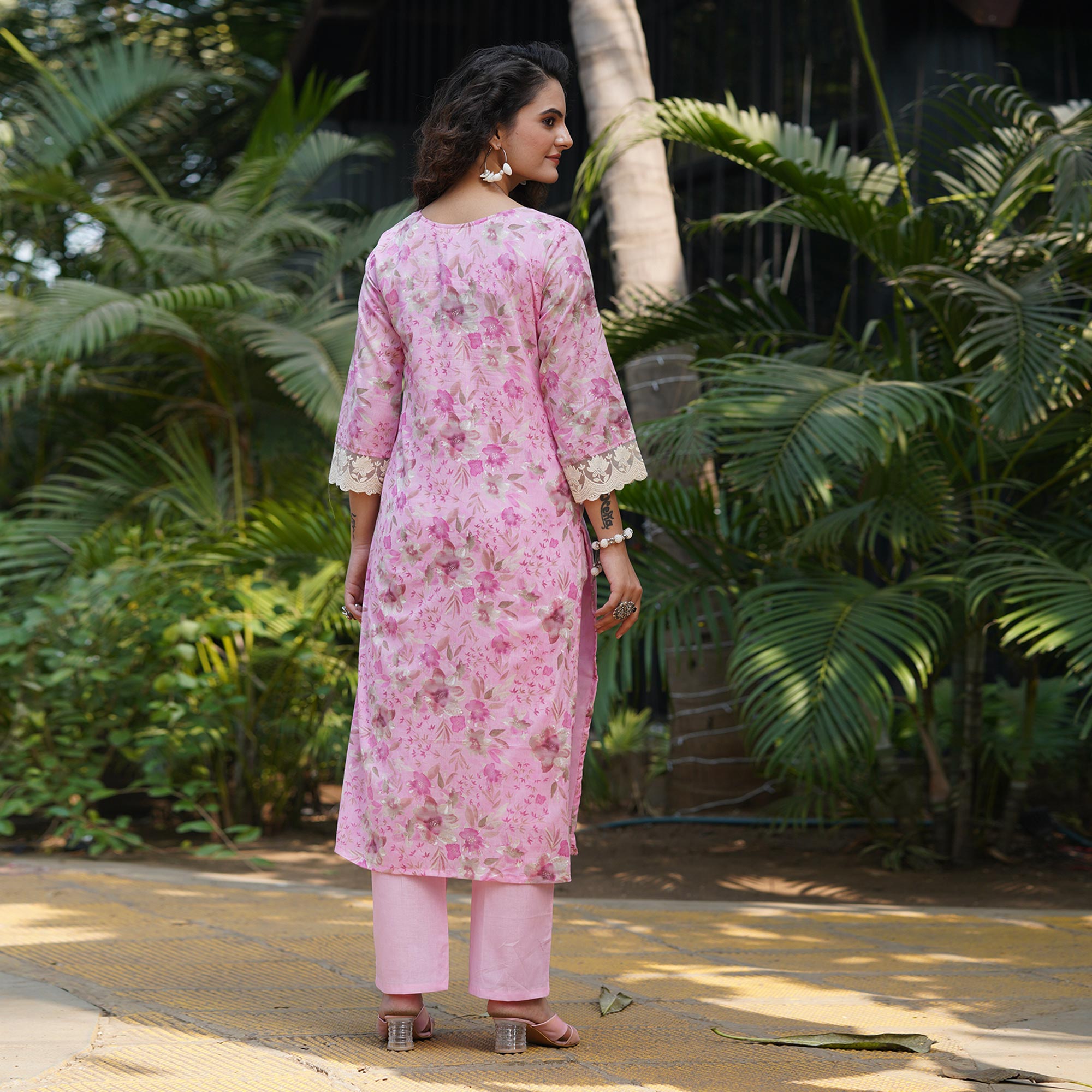 Pink Straight Pure Cotton Suit With Foil Print & Yoke Embroidery