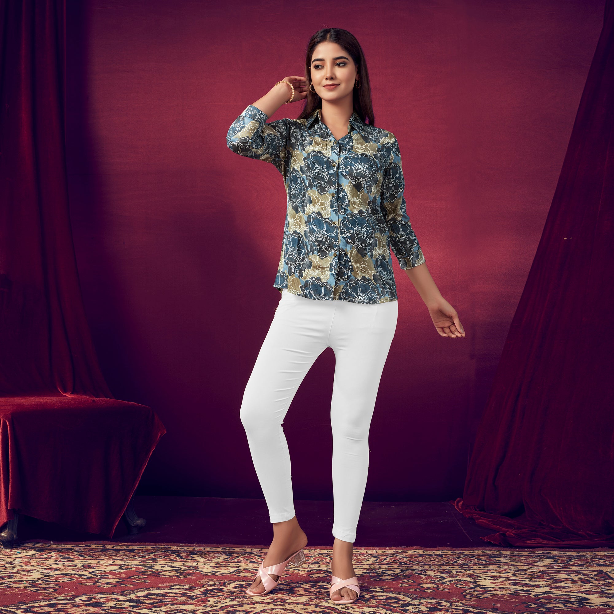 Grey Foil Printed Straight Muslin Top