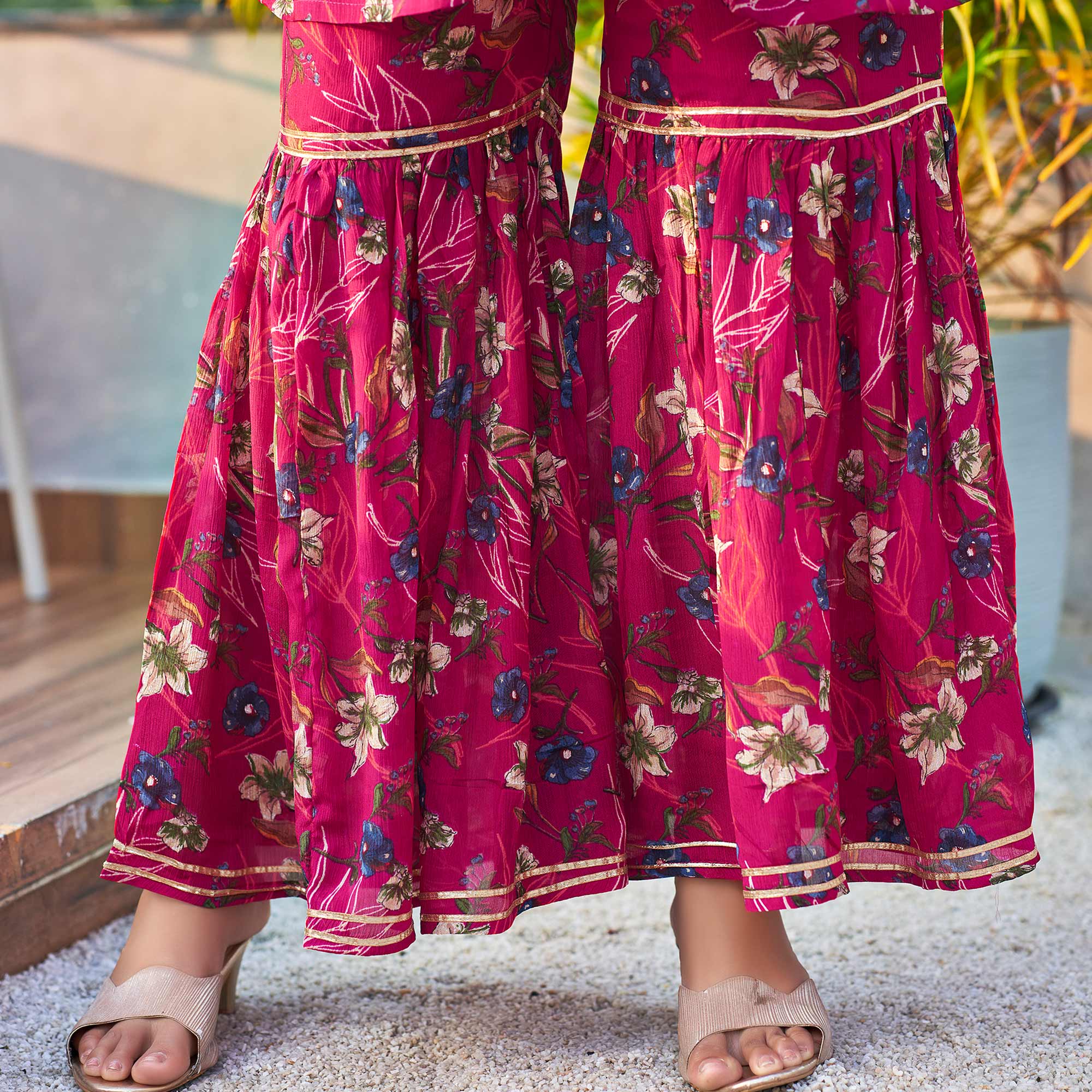 Pink Chinon Floral Printed Alia Cut Sharara Suit With Beads Handcraft