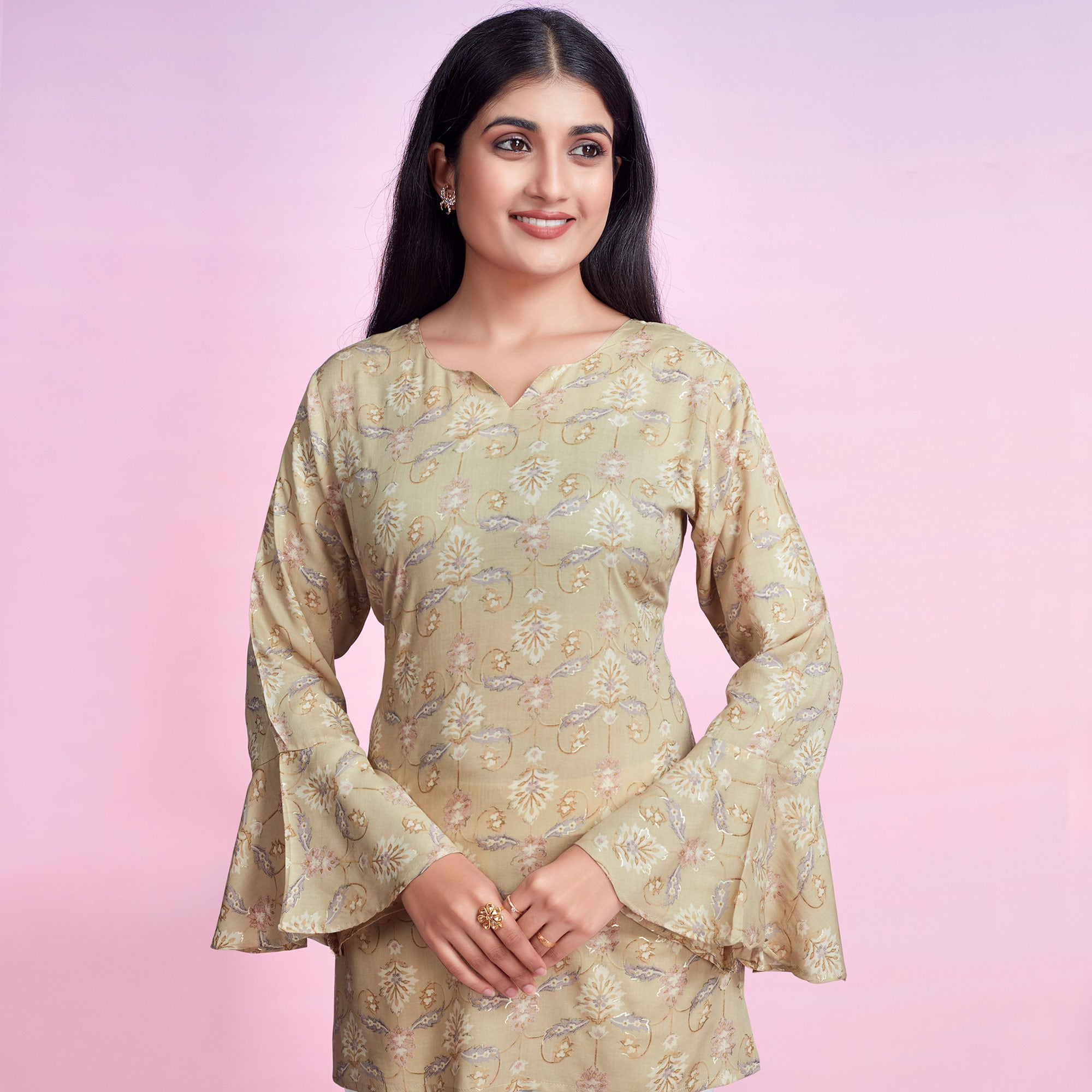 Chikoo Floral Foil Printed Chanderi Silk Top