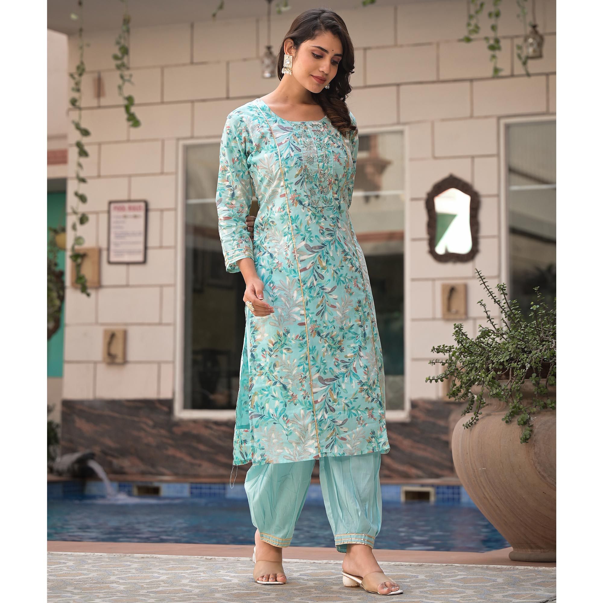 Turquoise Floral Foil Printed Pure Cotton A-Line Salwar Suit