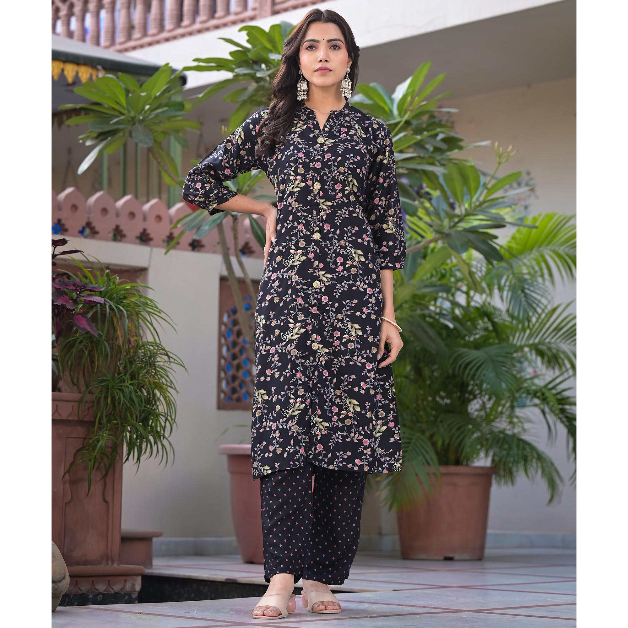 Black Floral Foil Printed Rayon Salwar Suits