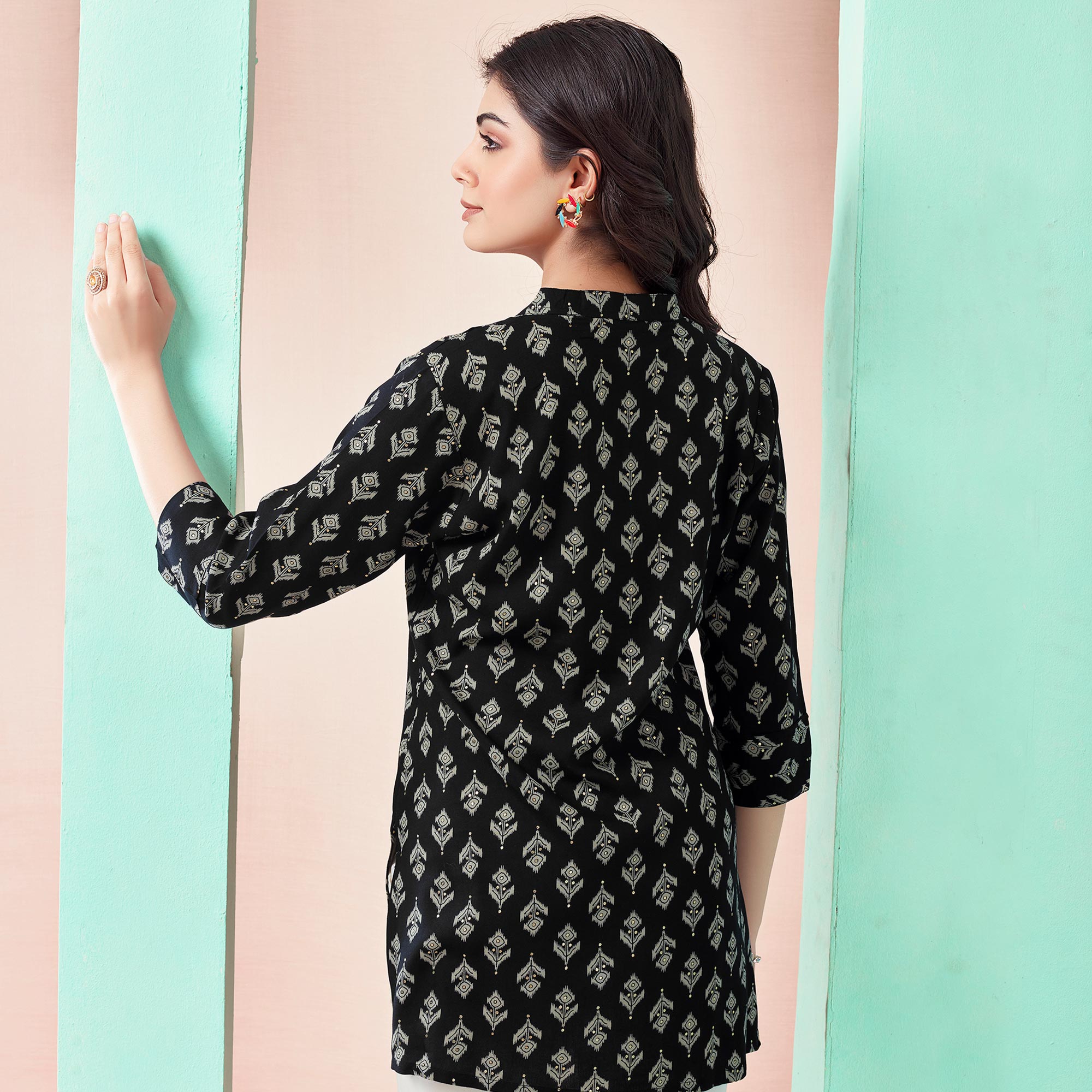 Black Floral Printed Rayon Straight Top