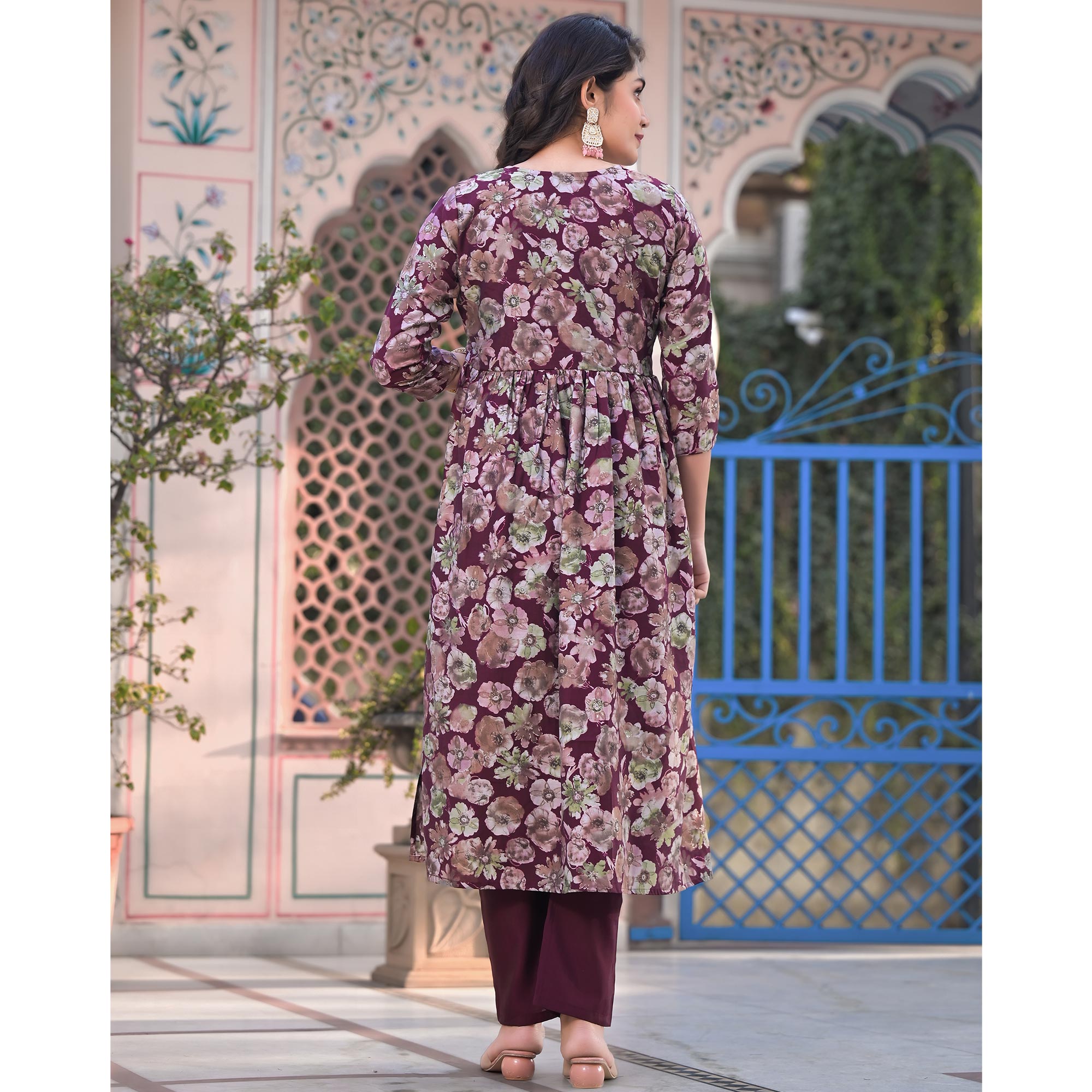 Wine Floral Printed Chanderi Silk Salwar Suit With Handcrafted