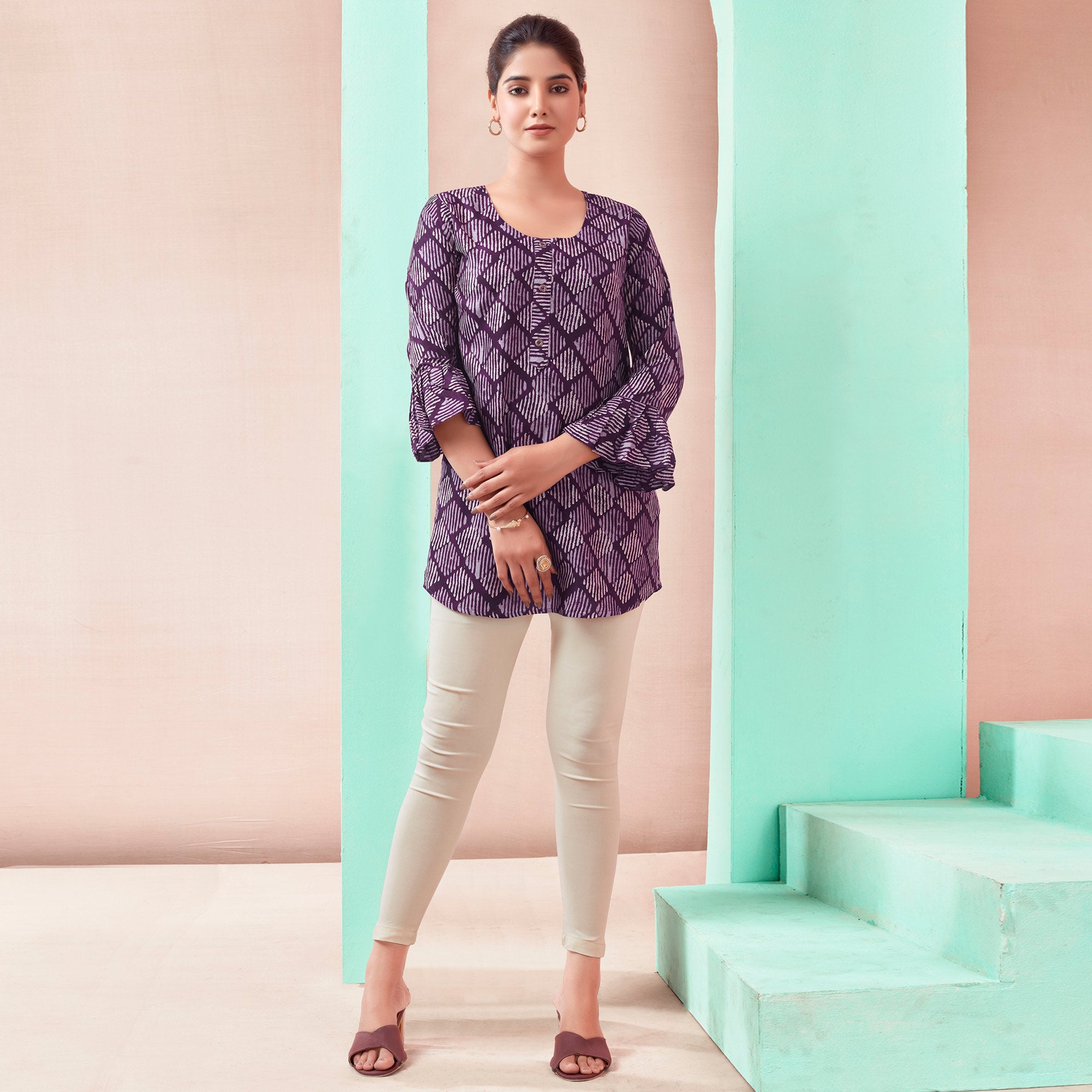 Purple Printed Chanderi Silk Straight Top