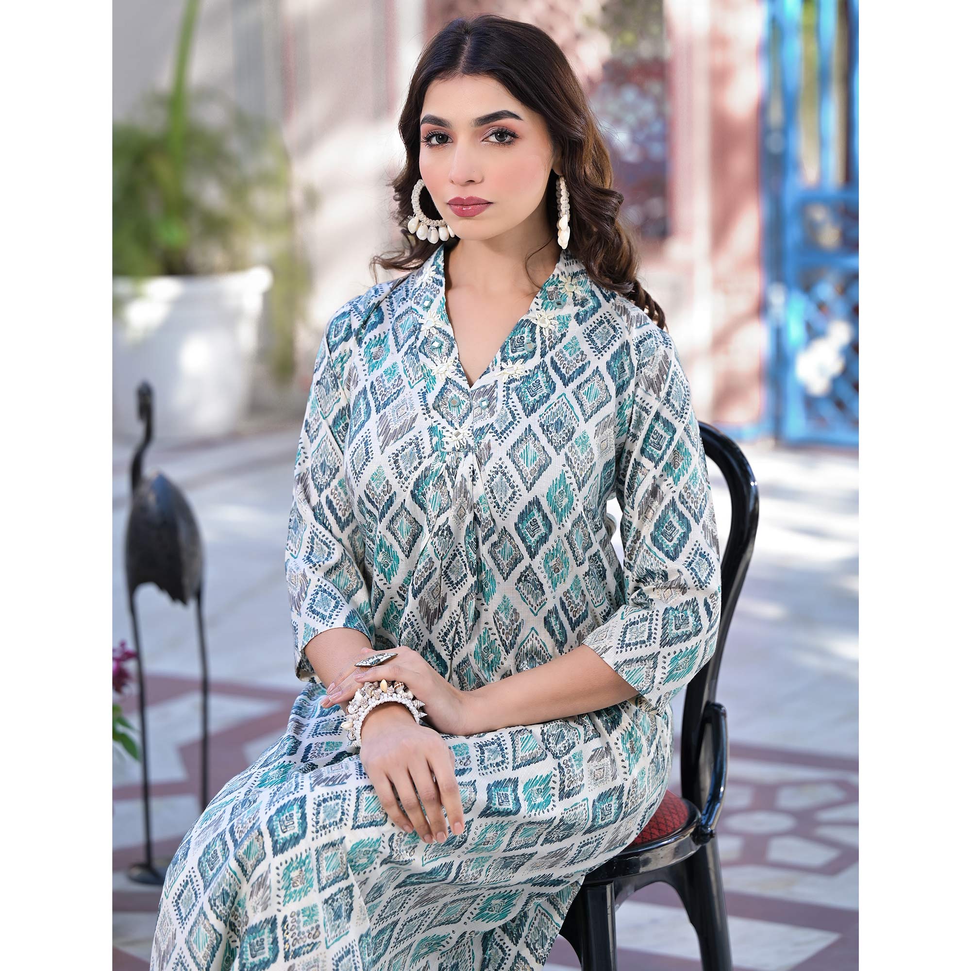 Blue Foil Printed Pure Cotton A-Line Kurti Dress