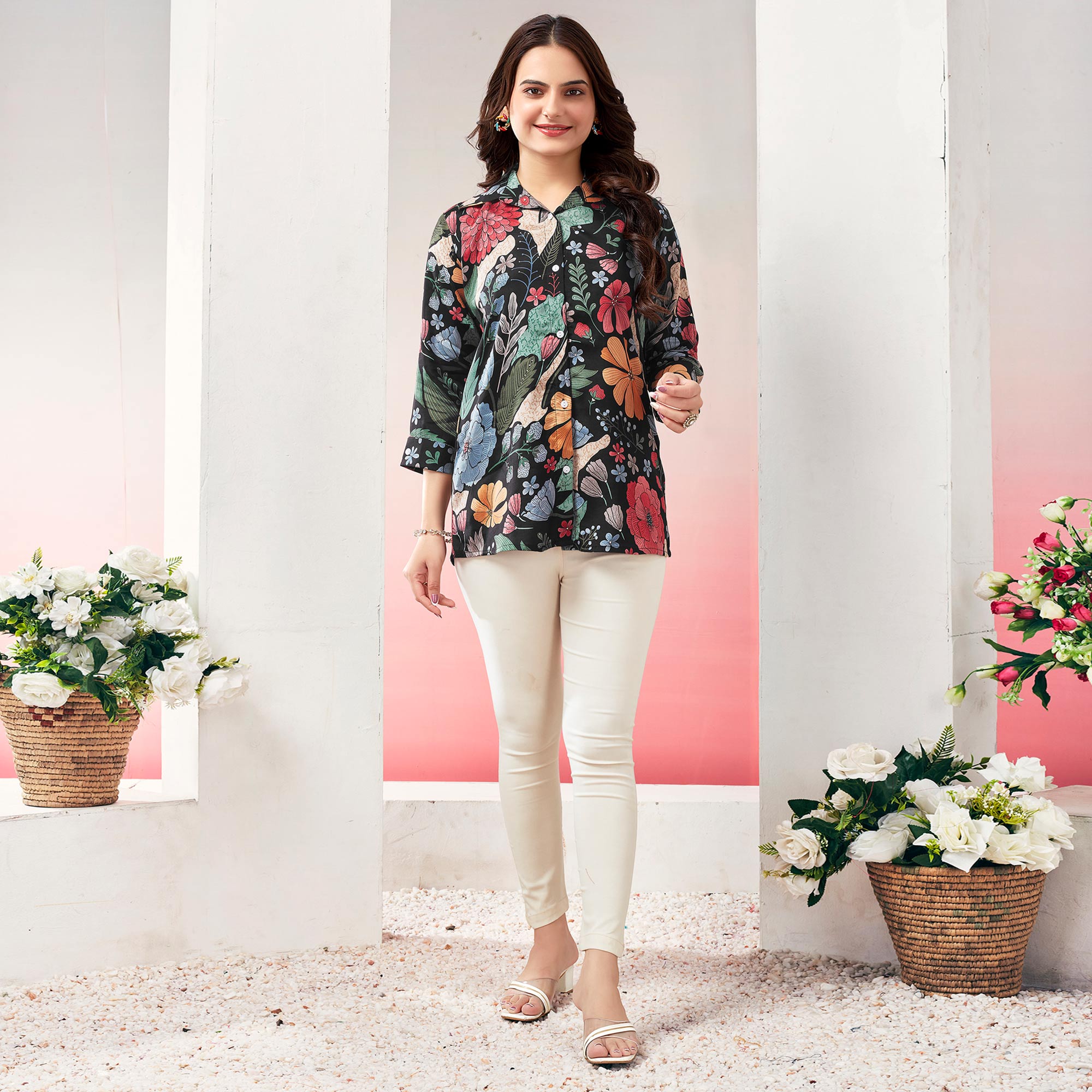 Black Floral Printed Muslin Top