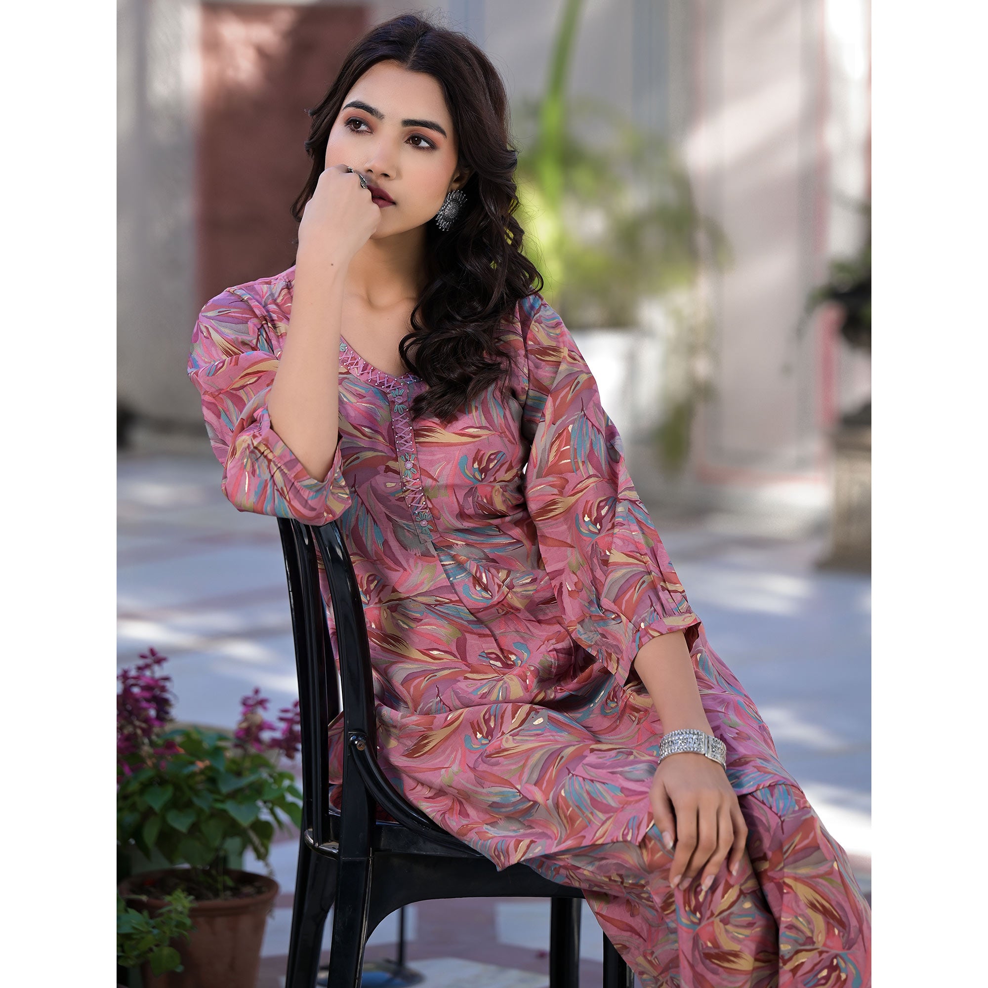 Pink Floral Foil Printed Chanderi Silk Straight Co-ord Set