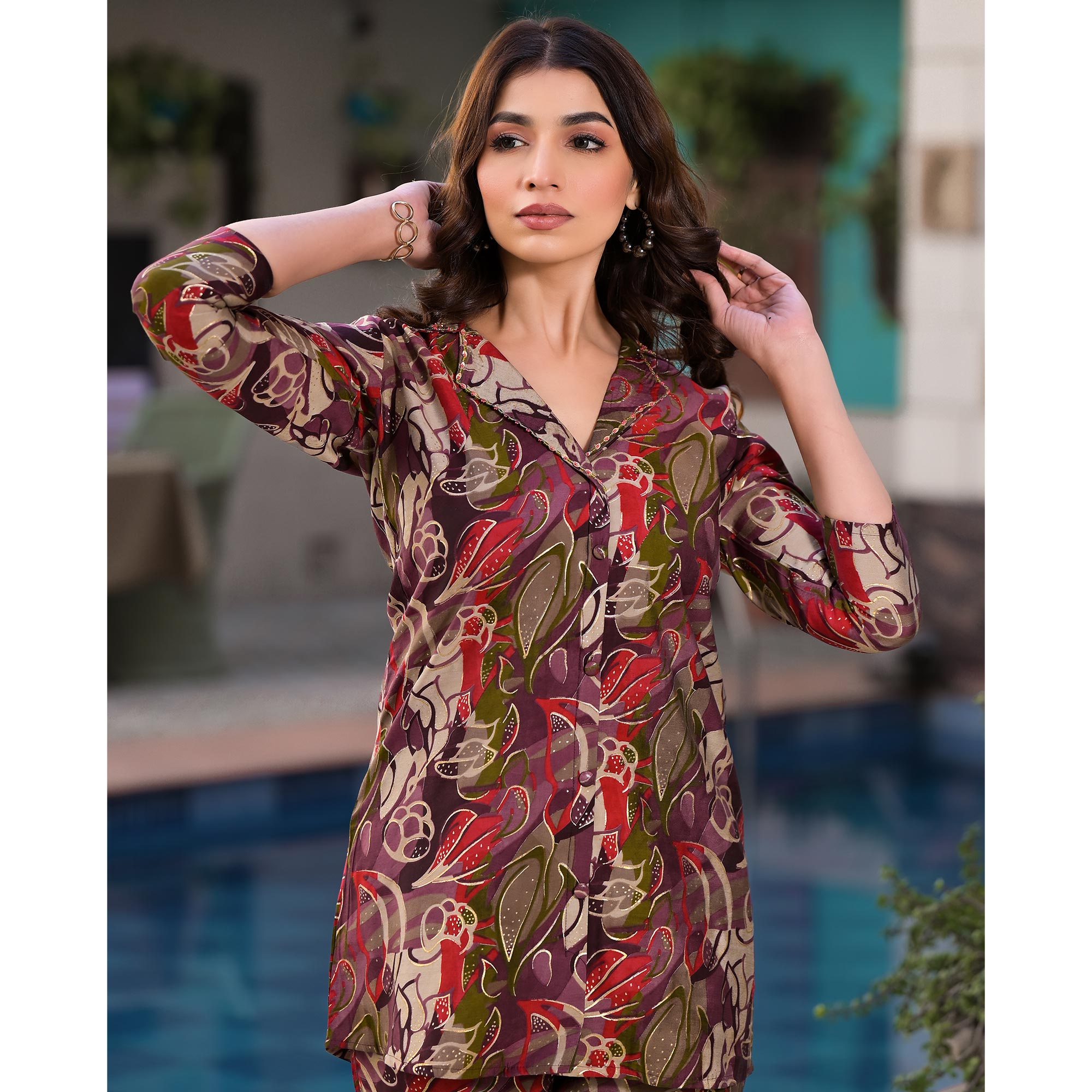 Purple Foil Printed Chanderi Silk Co Ord Set