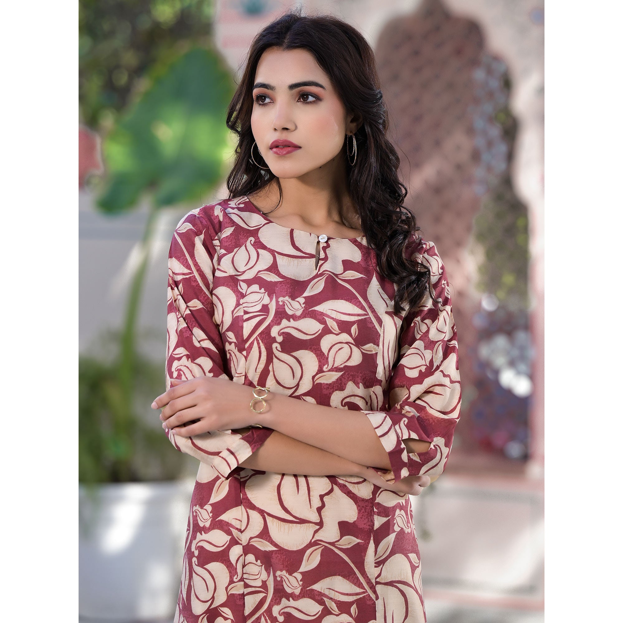 Maroon Floral Printed Chanderi Silk Dress