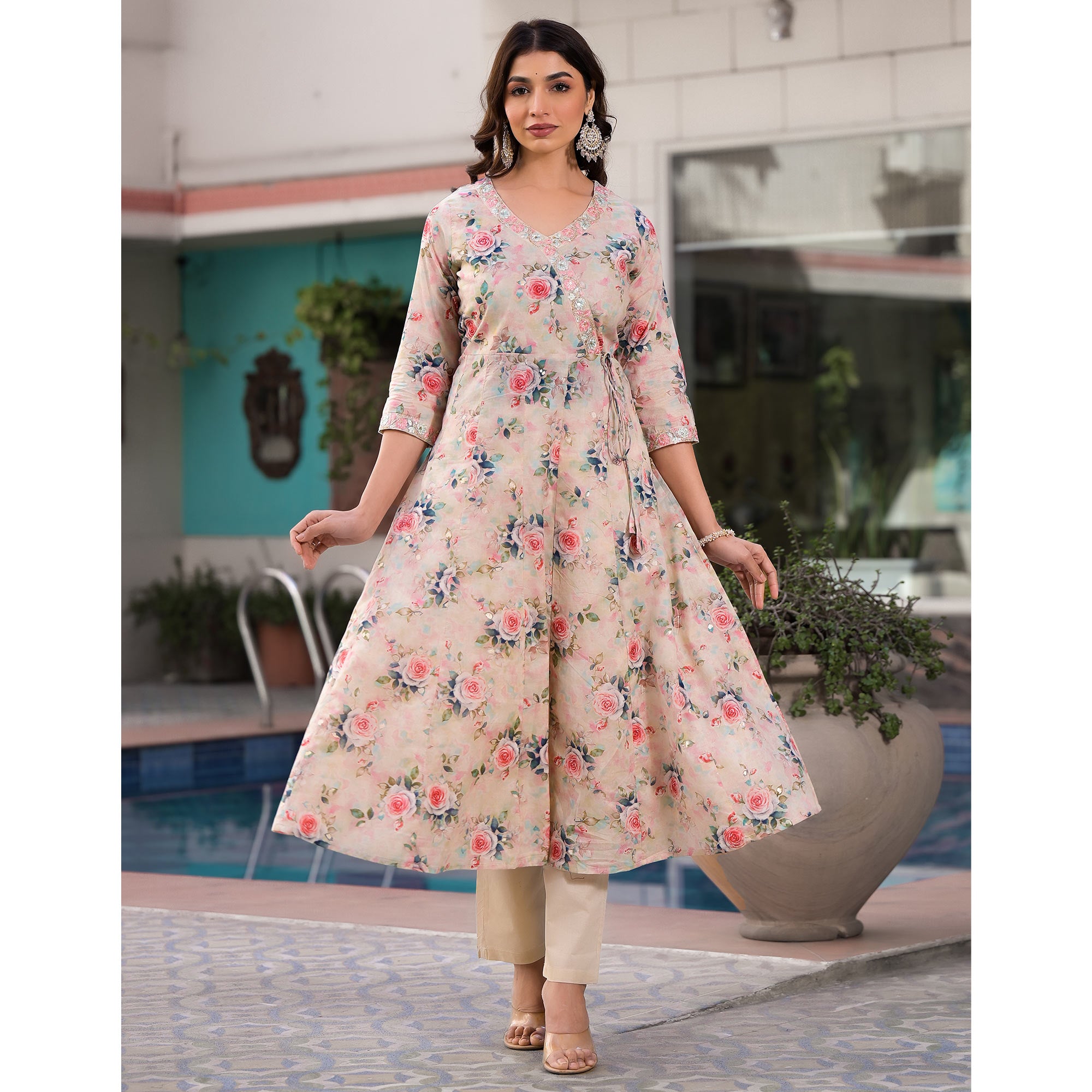 Cream Floral Printed Mulmul Cotton Anarkali Salwar Suit