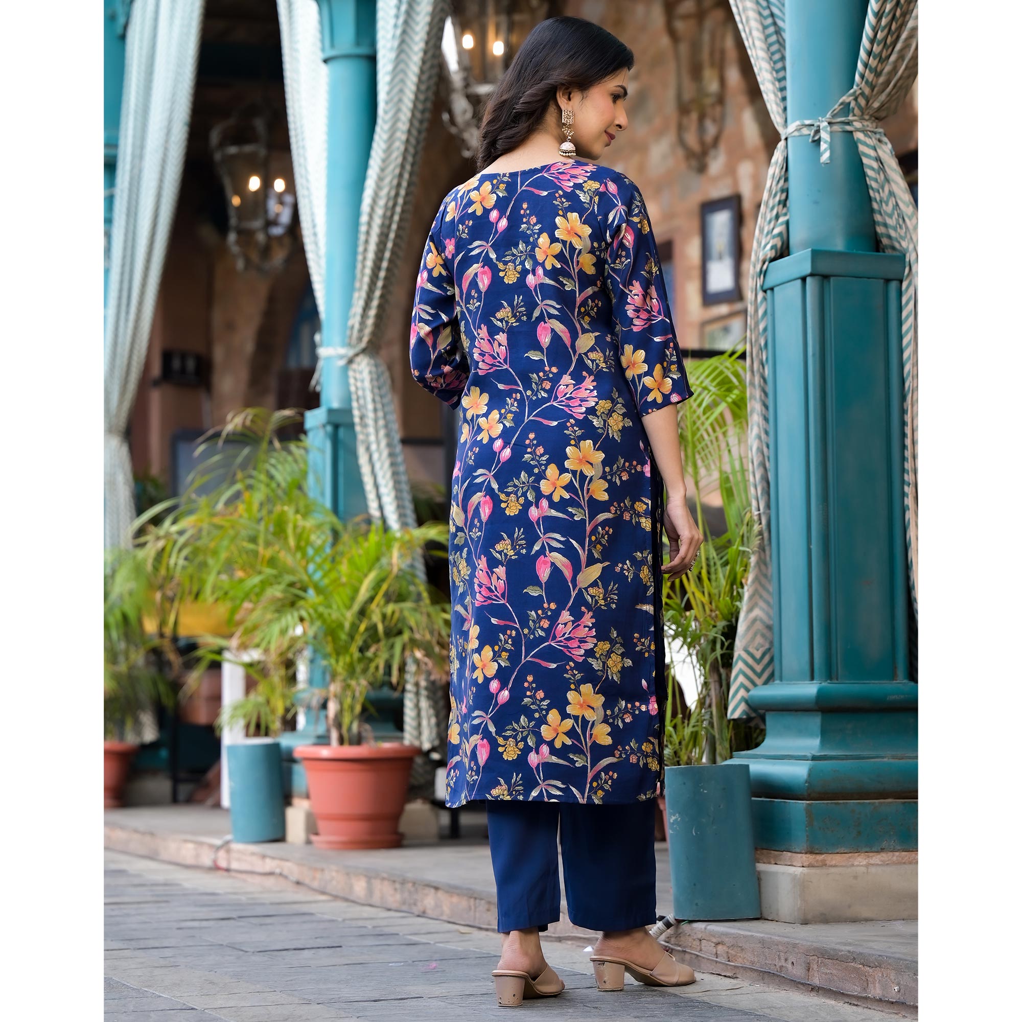 Navy Blue Floral Printed Chanderi Silk Salwar Suit With Mirror Work