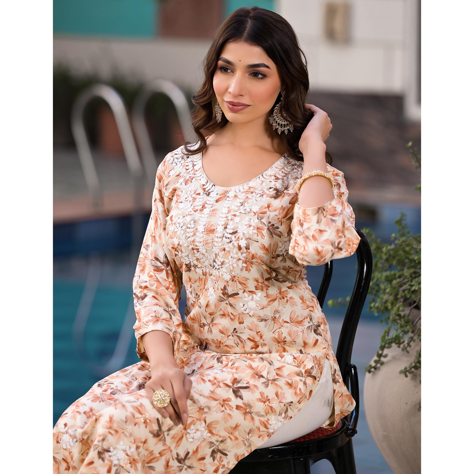 Beige Chikankari Embroidery Rayon Straight Kurti