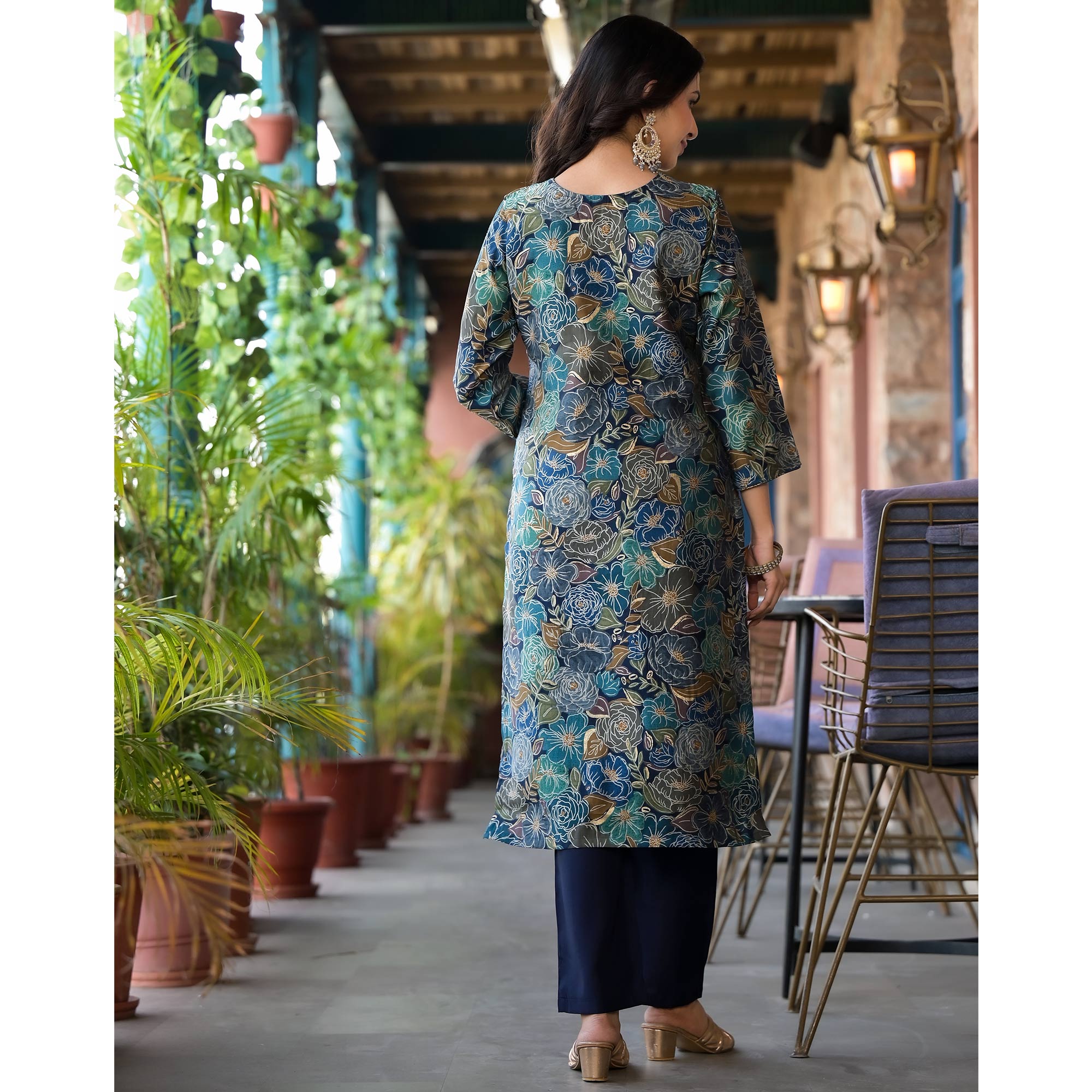 Navy Blue Floral Printed Chanderi Silk Salwar Suit With Sequins Work