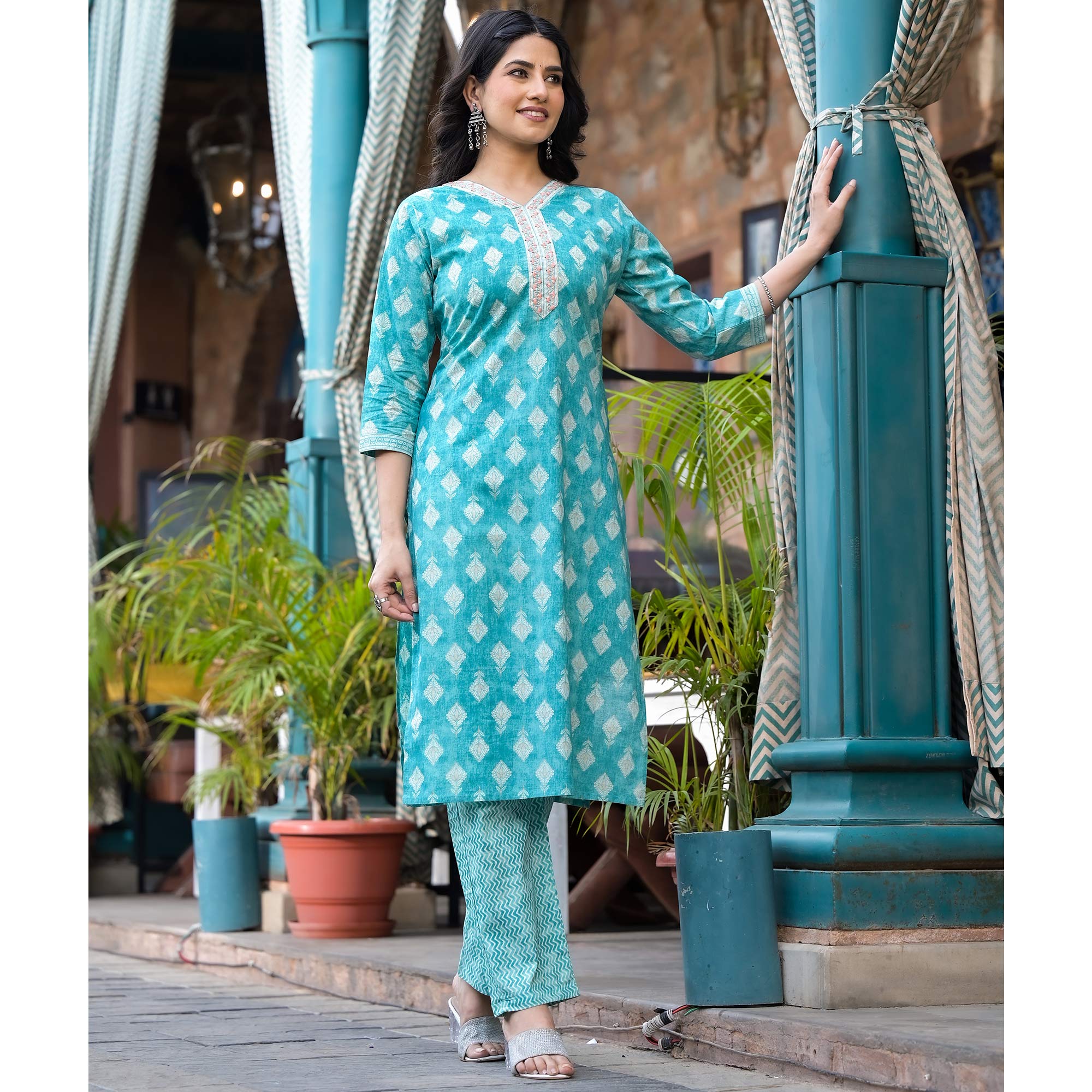 Turquoise Printed Pure Cotton Salwar Suit With Handcrafted