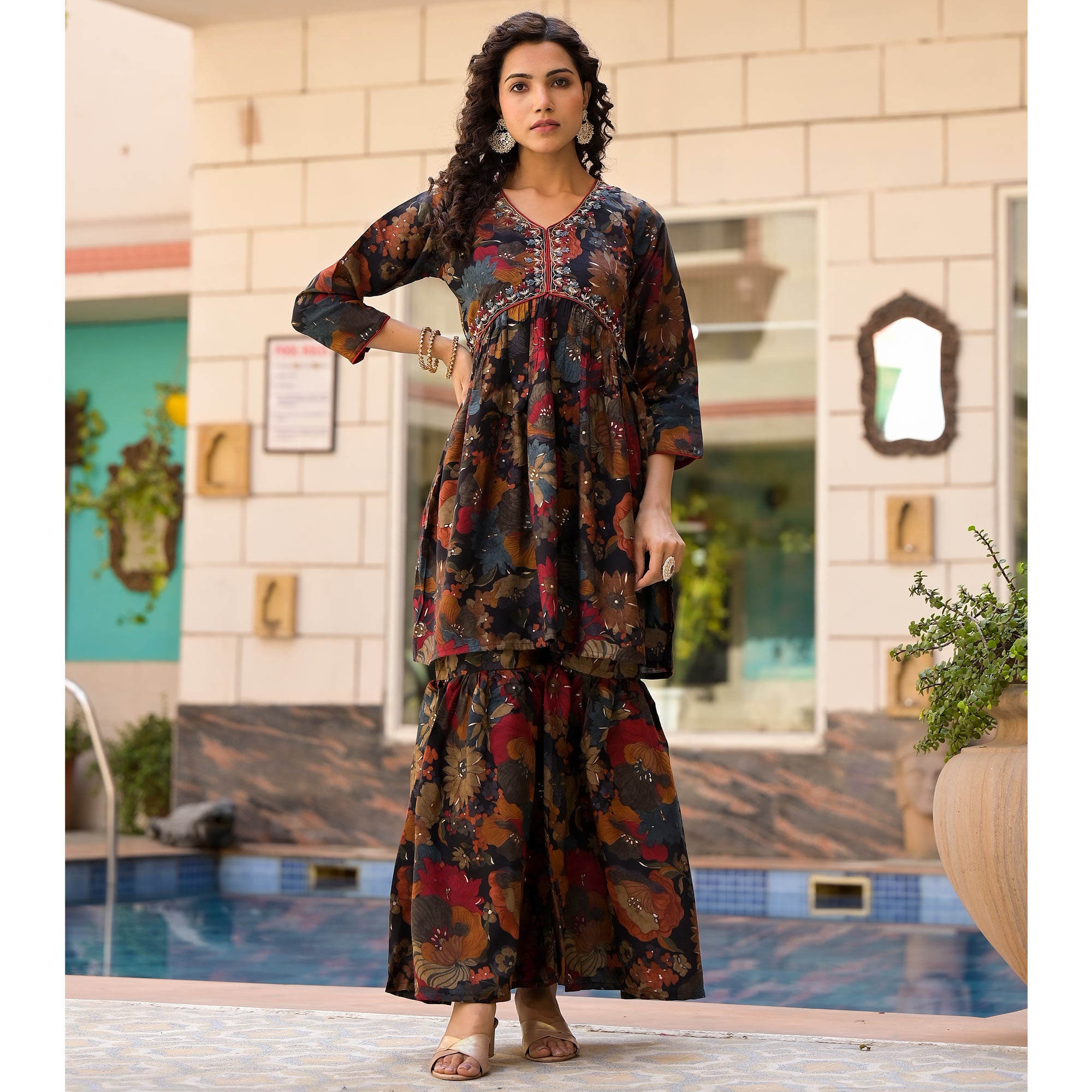 Black Floral Foil Printed Chanderi Silk Sharara Suit