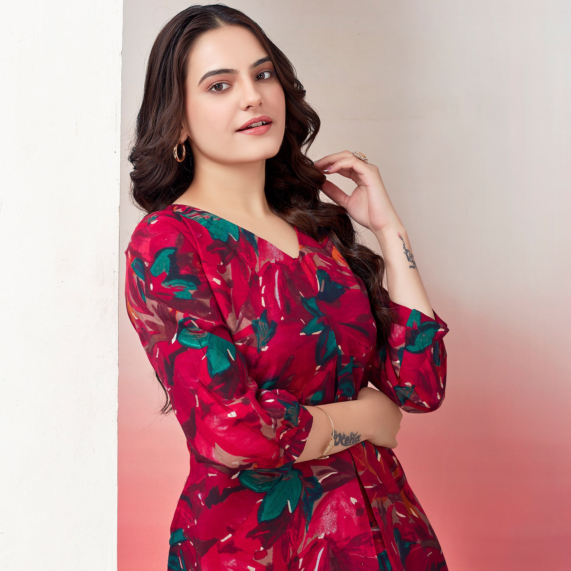 Pink Floral Printed Chanderi Silk Co Ord Set