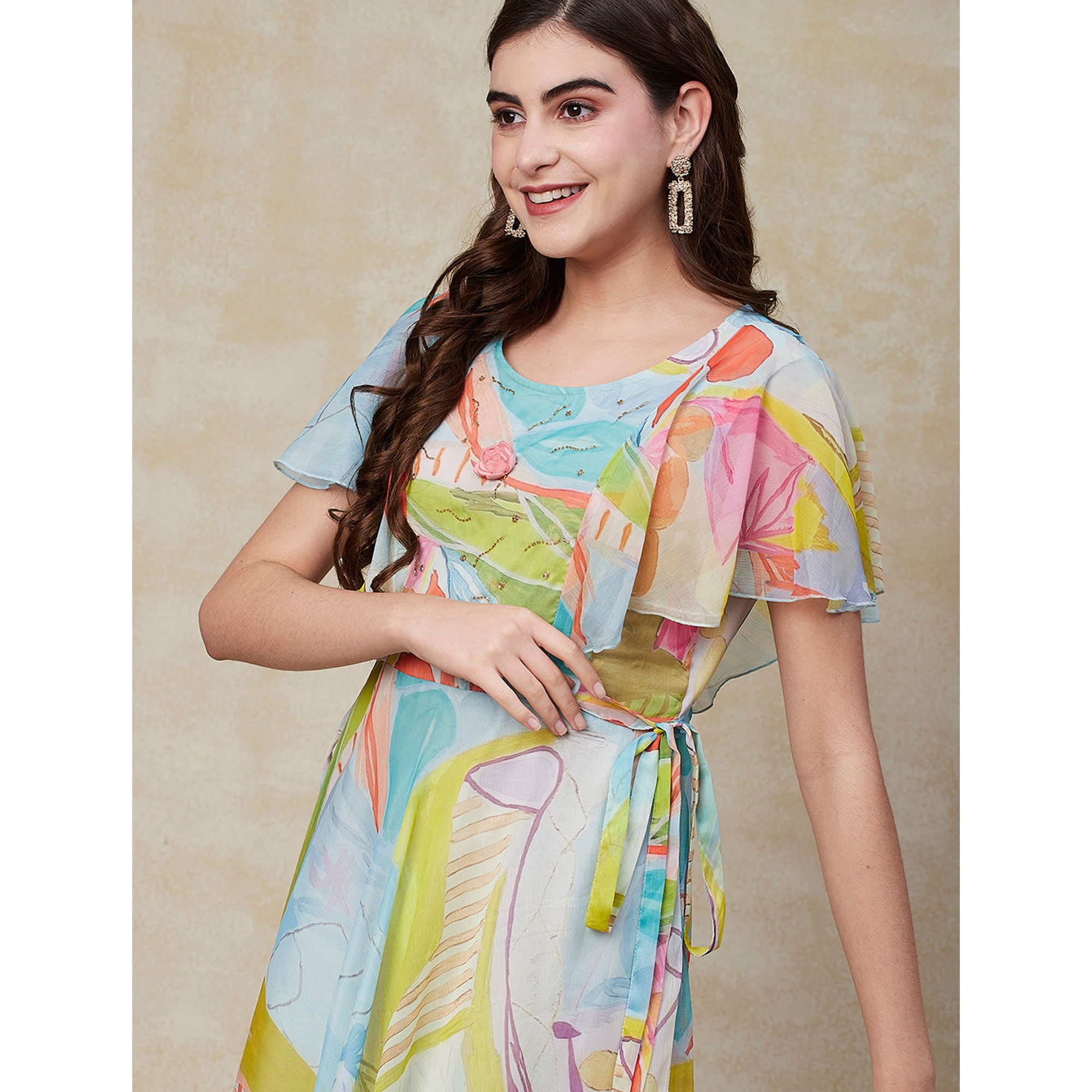 Sky Blue Printed A-Line Flared Maxi Dress