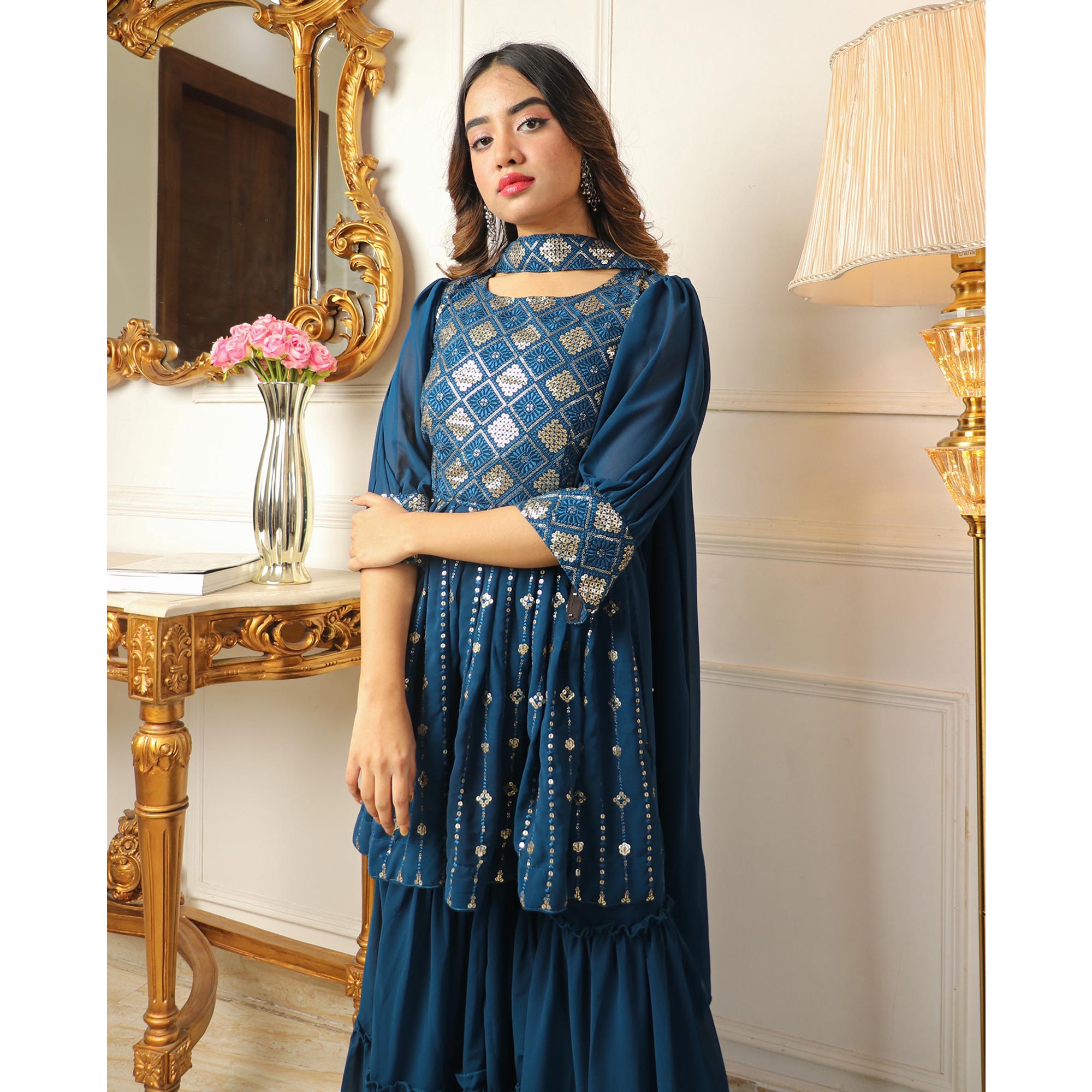 Blue Sequins Embroidered Georgette Sharara Suit