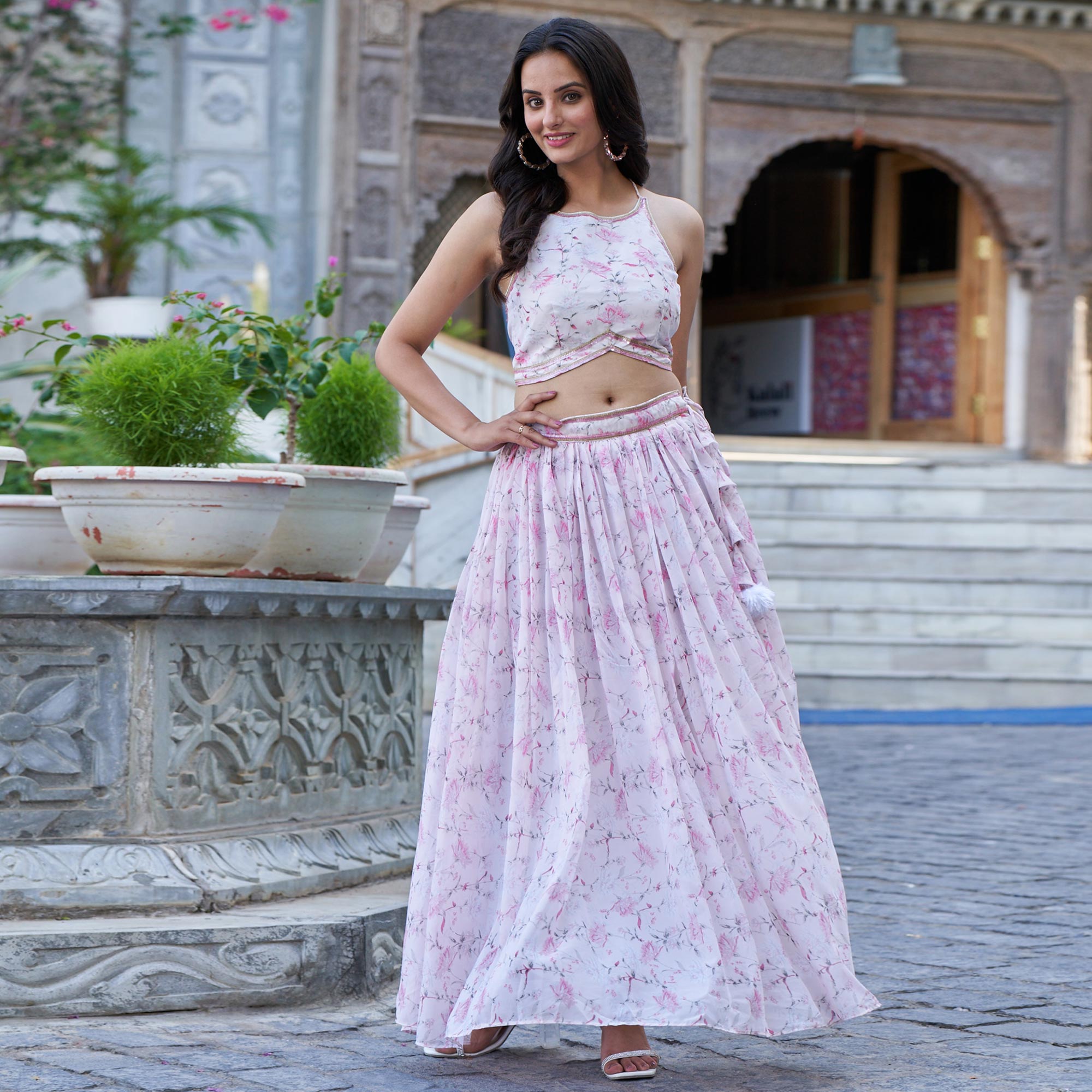 Pink & White Floral Printed Georgette Crop Top Lehenga