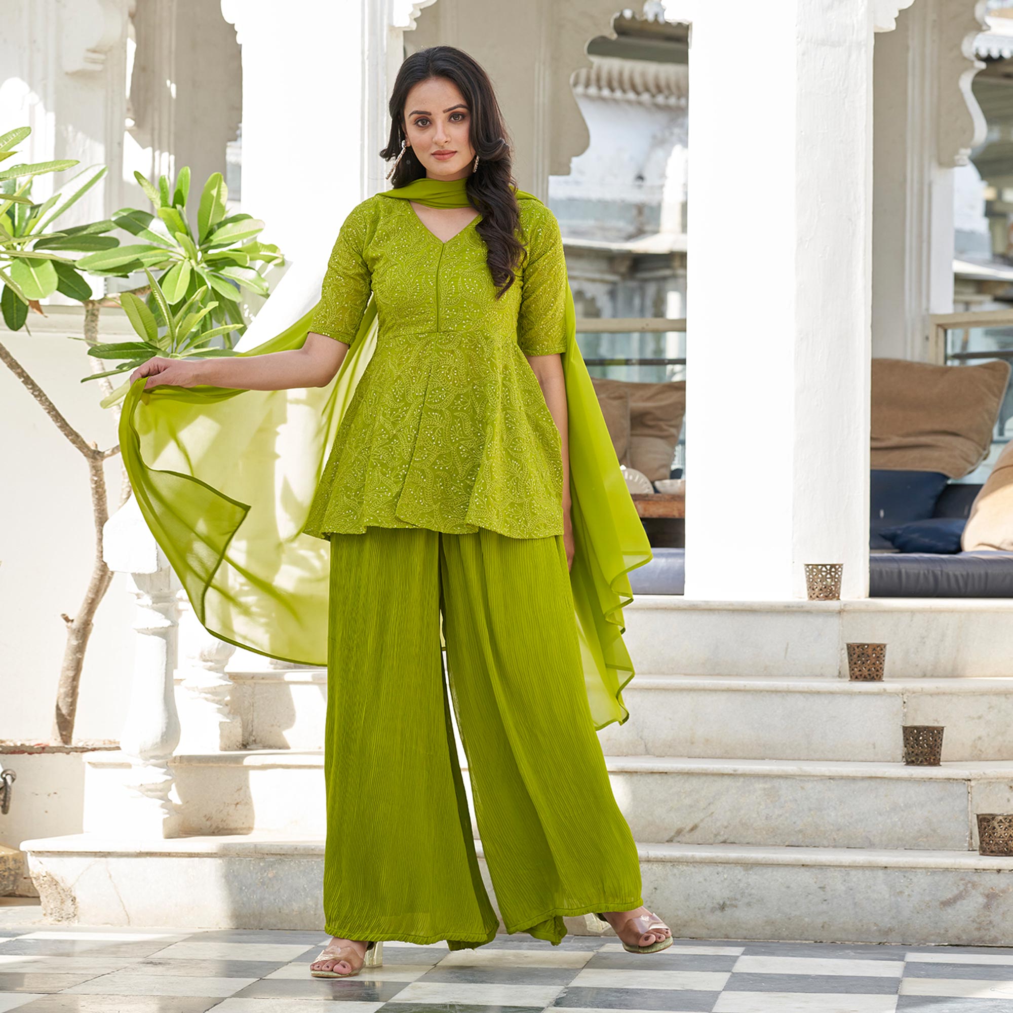 Green Sequins Embroidered Georgette Palazzo Suit